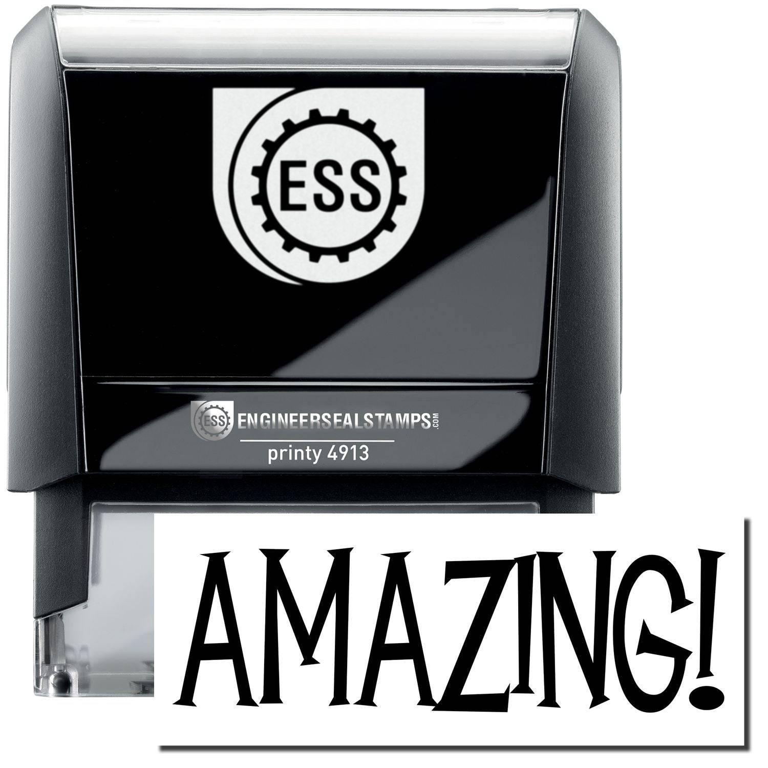 A self-inking stamp with a stamped image showing how the text AMAZING! in a unique large bold font is displayed by it.