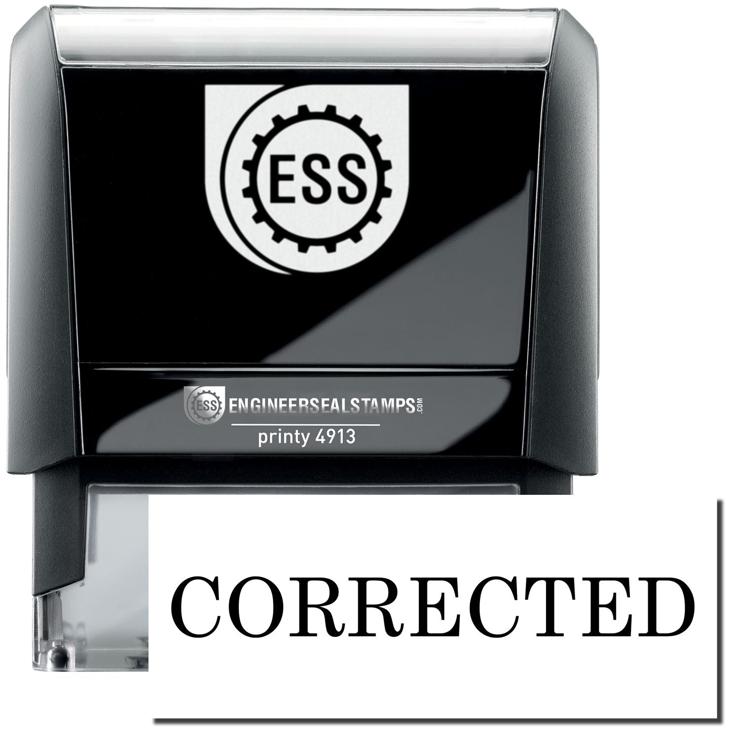 A self-inking stamp with a stamped image showing how the text CORRECTED in a large bold font is displayed by it.