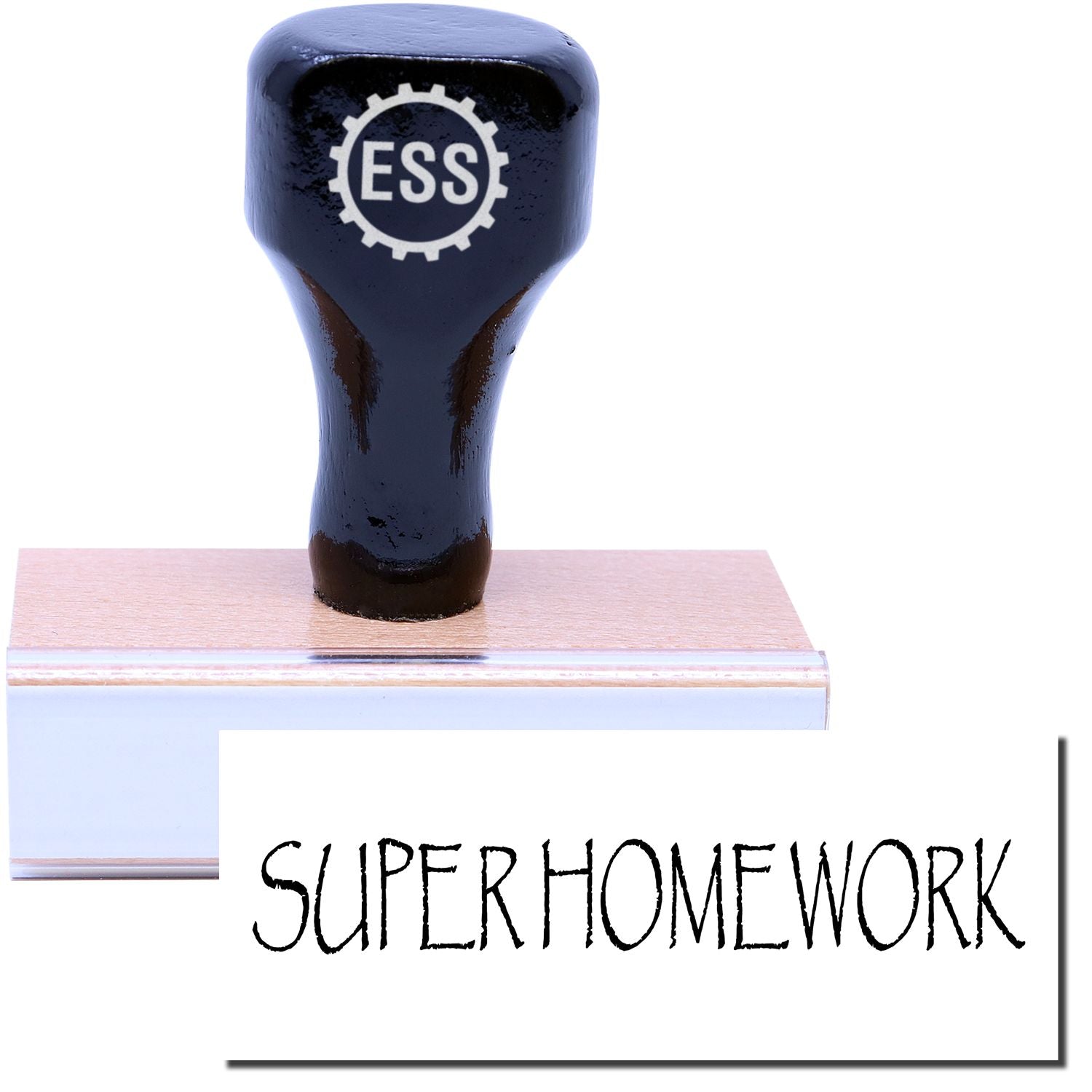 A stock office rubber stamp with a stamped image showing how the text "SUPER HOMEWORK" in a large font is displayed after stamping.