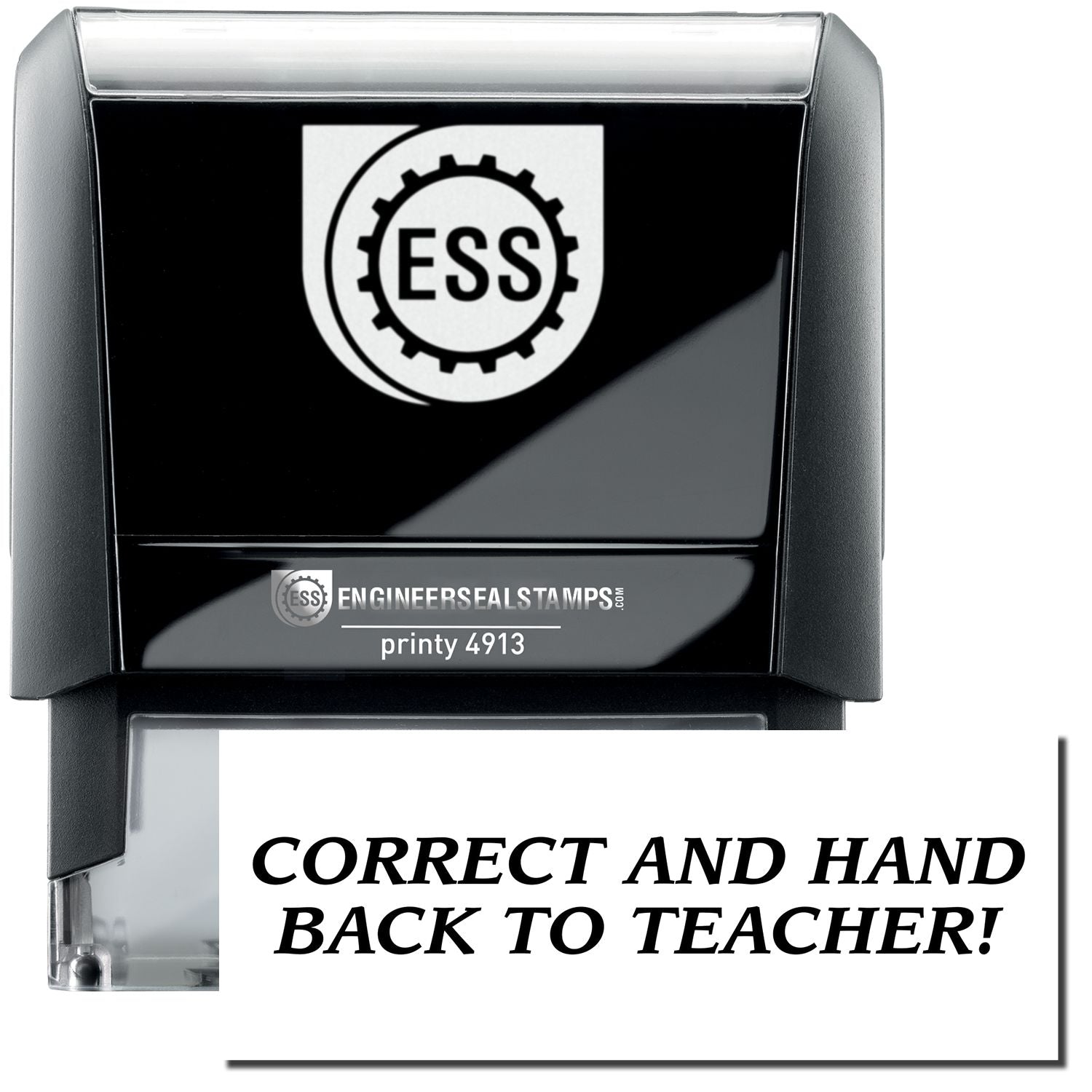 A self-inking stamp with a stamped image showing how the text CORRECT AND HAND BACK TO TEACHER! in a large font is displayed by it after stamping.