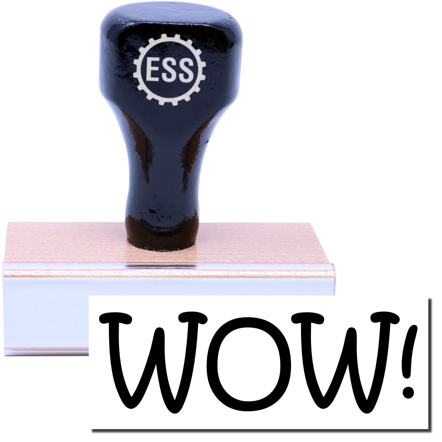 A stock office rubber stamp with a stamped image showing how the text "WOW!" in a large font is displayed after stamping.