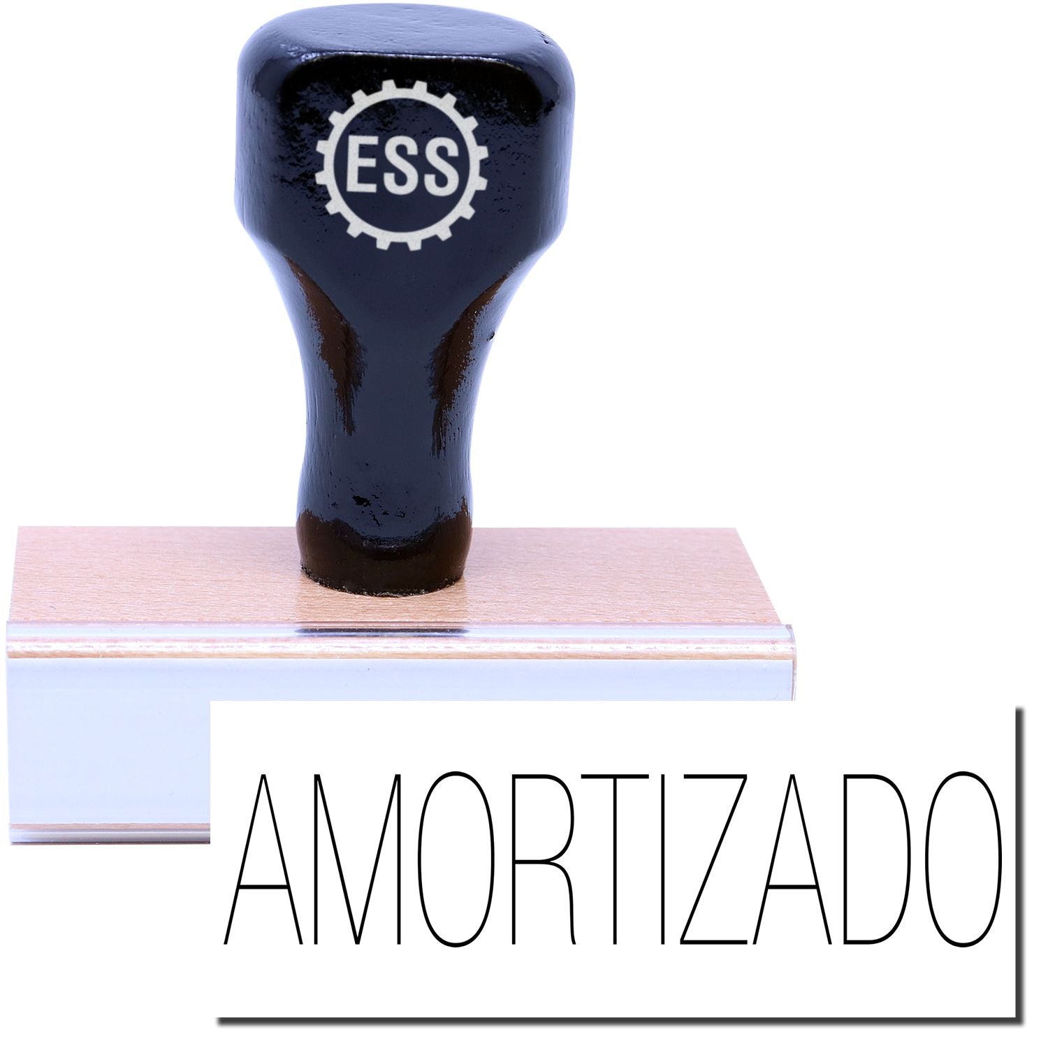 Amortizado rubber stamp with a black handle and wooden base, featuring the word AMORTIZADO in bold letters beside it.
