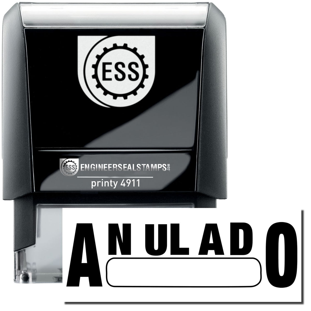 A self-inking stamp with a stamped image showing how the text &quot;ANULADO&quot; with a box under it is displayed after stamping.