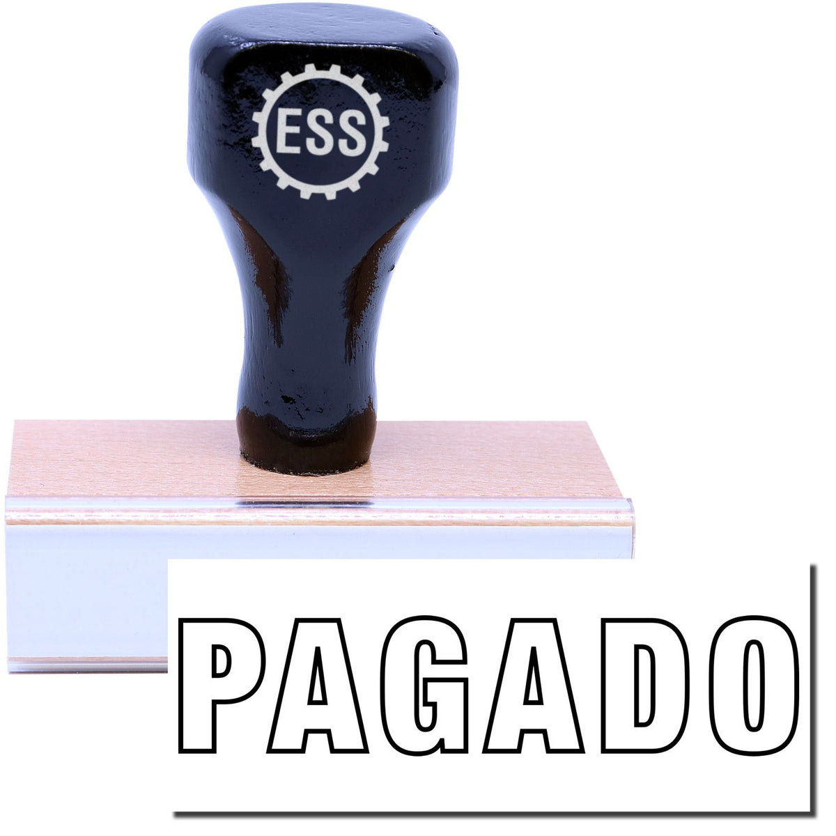 A stock office rubber stamp with a stamped image showing how the text &quot;PAGADO&quot; in an outline font is displayed after stamping.