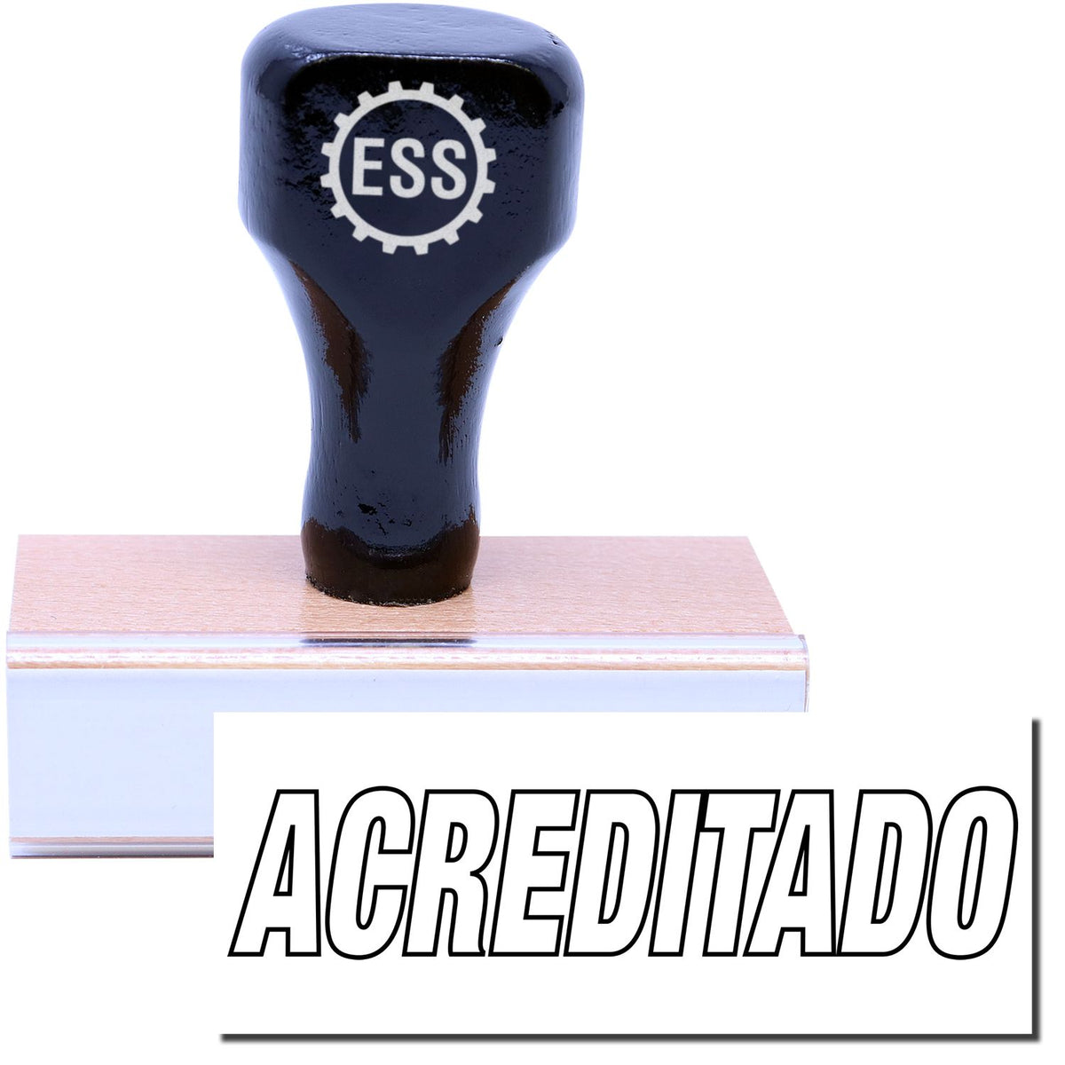 A stock office rubber stamp with a stamped image showing how the text &quot;ACREDITADO&quot; in an outline font is displayed after stamping.