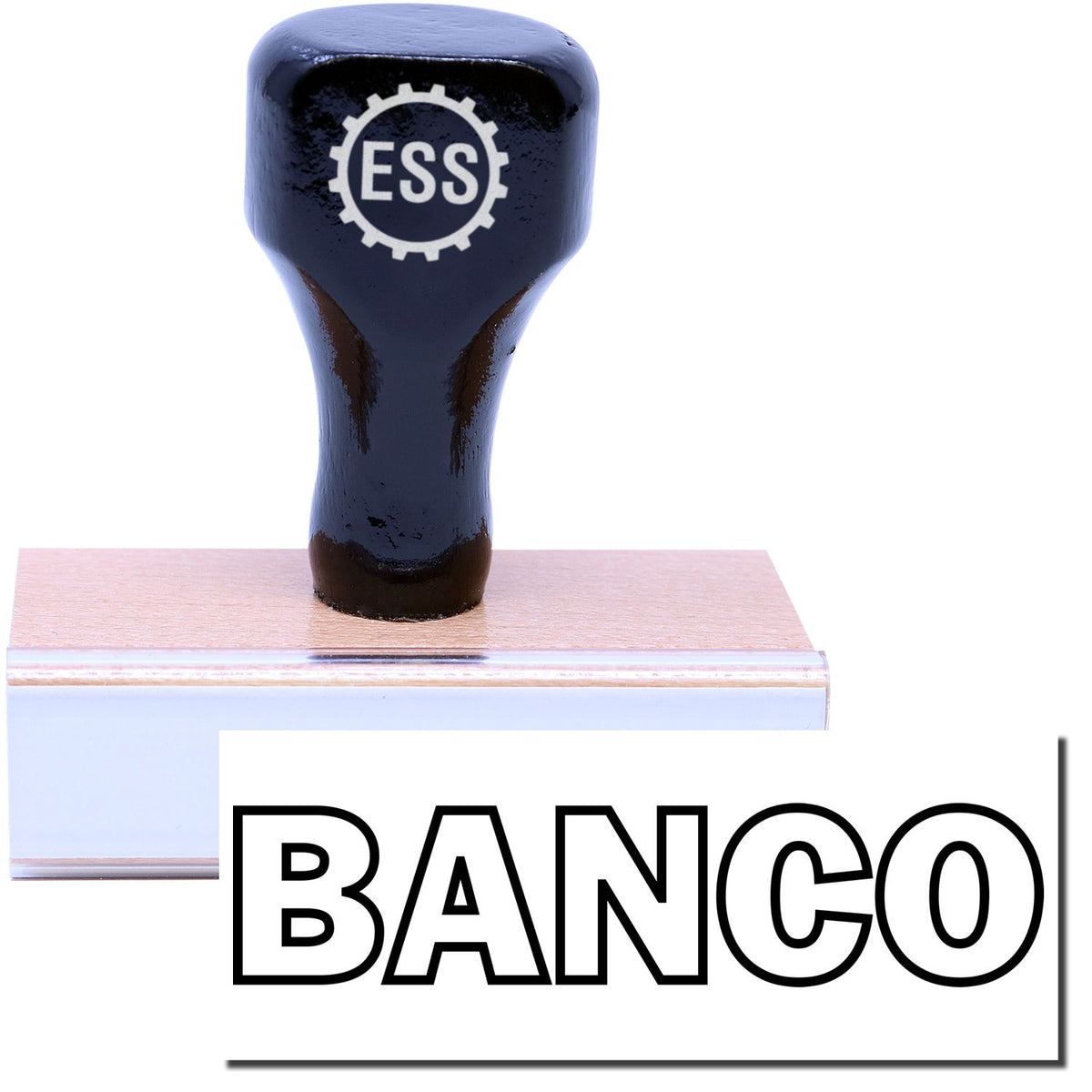 A stock office rubber stamp with a stamped image showing how the text &quot;BANCO&quot; in an outline font is displayed after stamping.