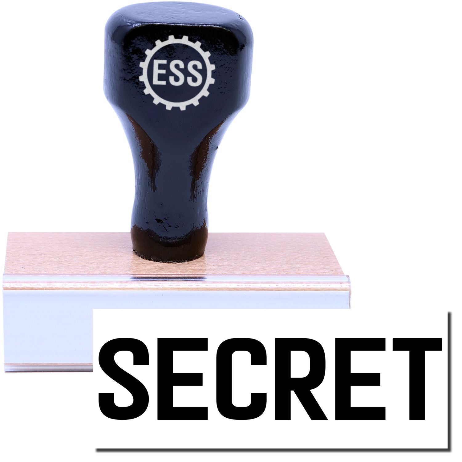A stock office rubber stamp with a stamped image showing how the text SECRET is displayed after stamping.