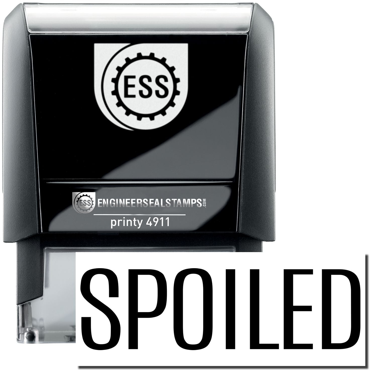 A self-inking stamp with a stamped image showing how the text SPOILED is displayed after stamping.