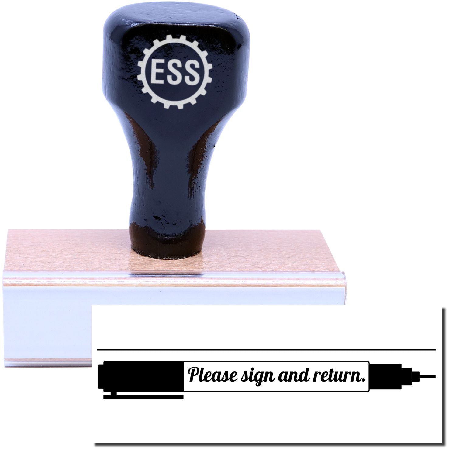 A stock office rubber stamp with a stamped image showing how the text Please sign and return. in a cursive font with an image of a pen is displayed after stamping.