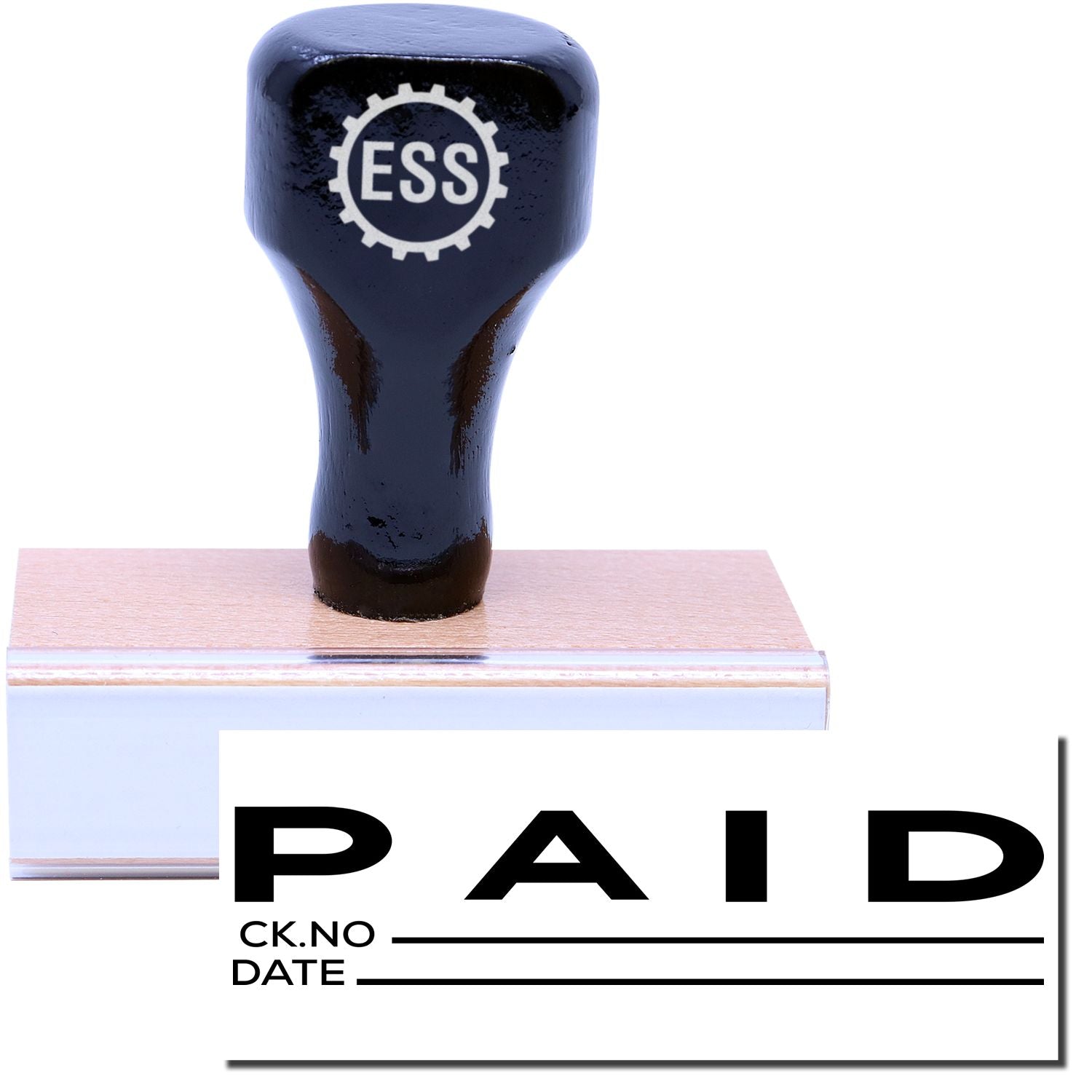 A stock office rubber stamp with a stamped image showing how the text "PAID" with a space to write down the check number and date of payment is displayed after stamping.