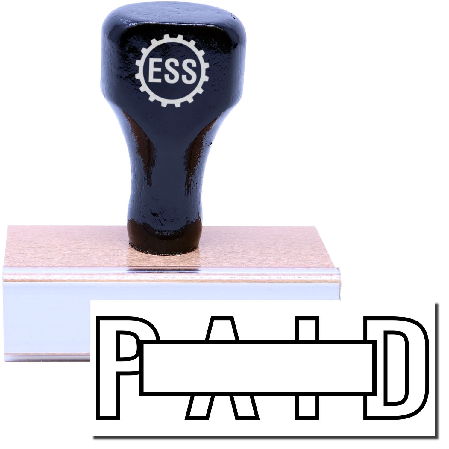 A stock office rubber stamp with a stamped image showing how the text "PAID" in an outline font with a box in the center of the text is displayed after stamping.