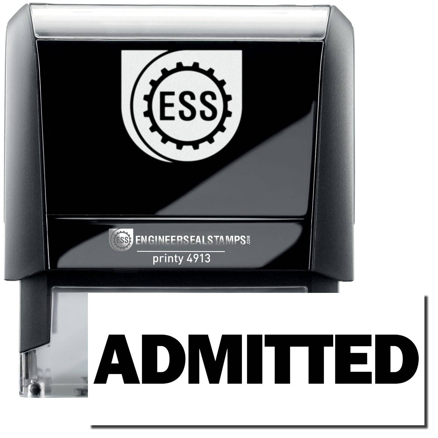 A self-inking stamp with a stamped image showing how the text ADMITTED in a large bold font is displayed by it after stamping.
