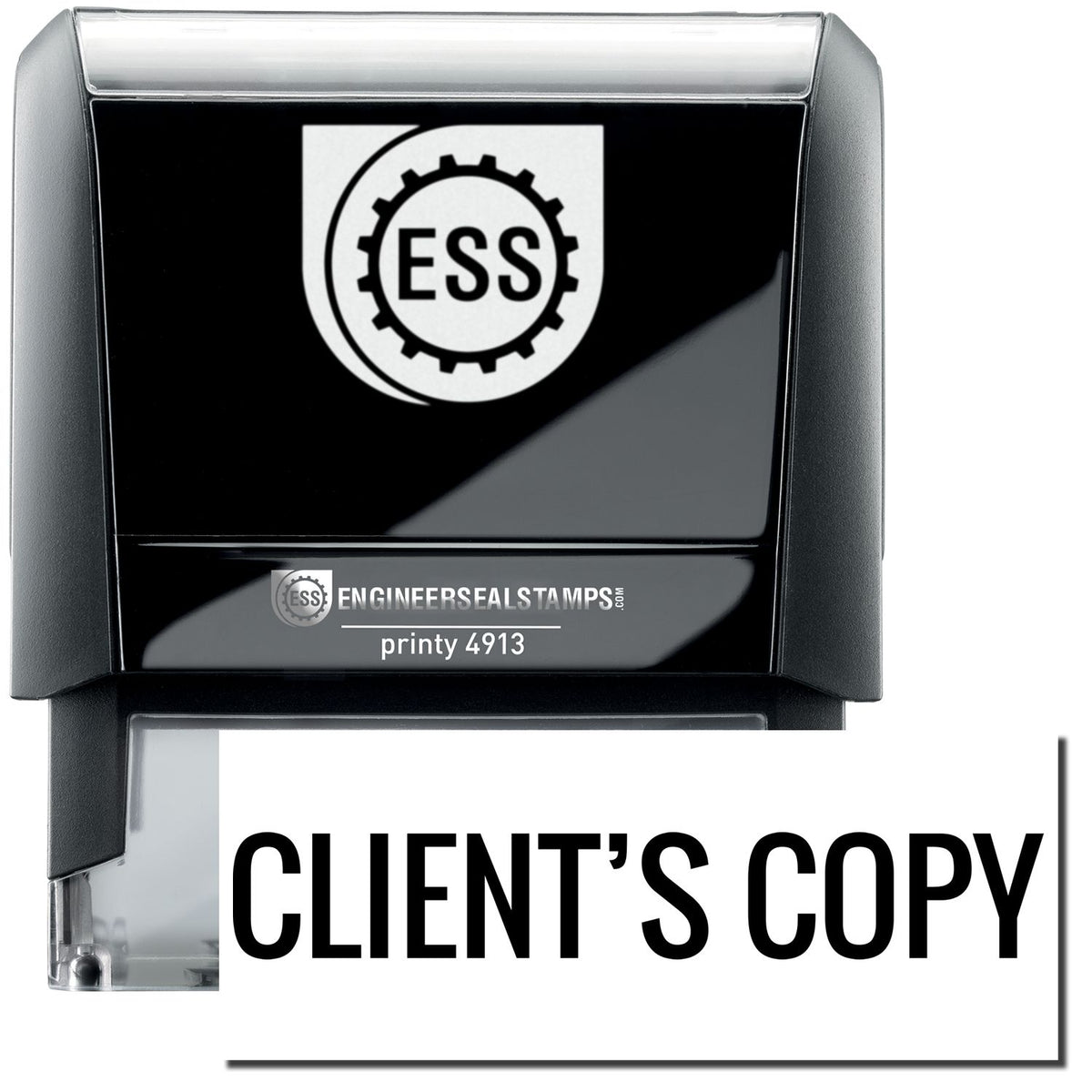 A self-inking stamp with a stamped image showing how the text &quot;CLIENT&#39;S COPY&quot; in a large font is displayed by it after stamping.