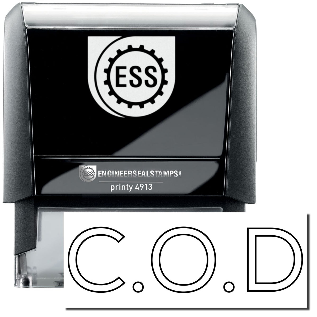 A self-inking stamp with a stamped image showing how the text &quot;C.O.D.&quot; in a large outline font is displayed by it after stamping.