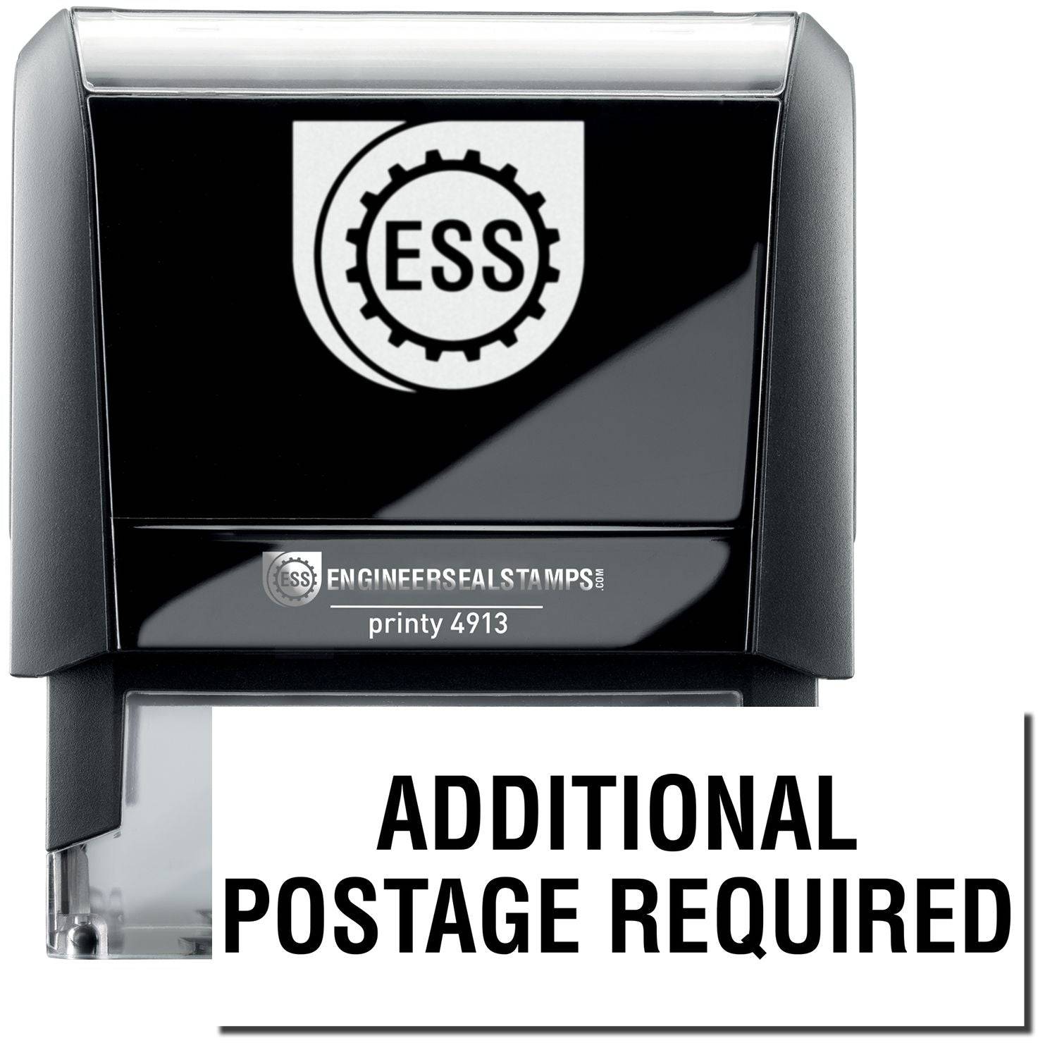 A self-inking stamp with a stamped image showing how the text ADDITIONAL POSTAGE REQUIRED in a large font is displayed by it after stamping.