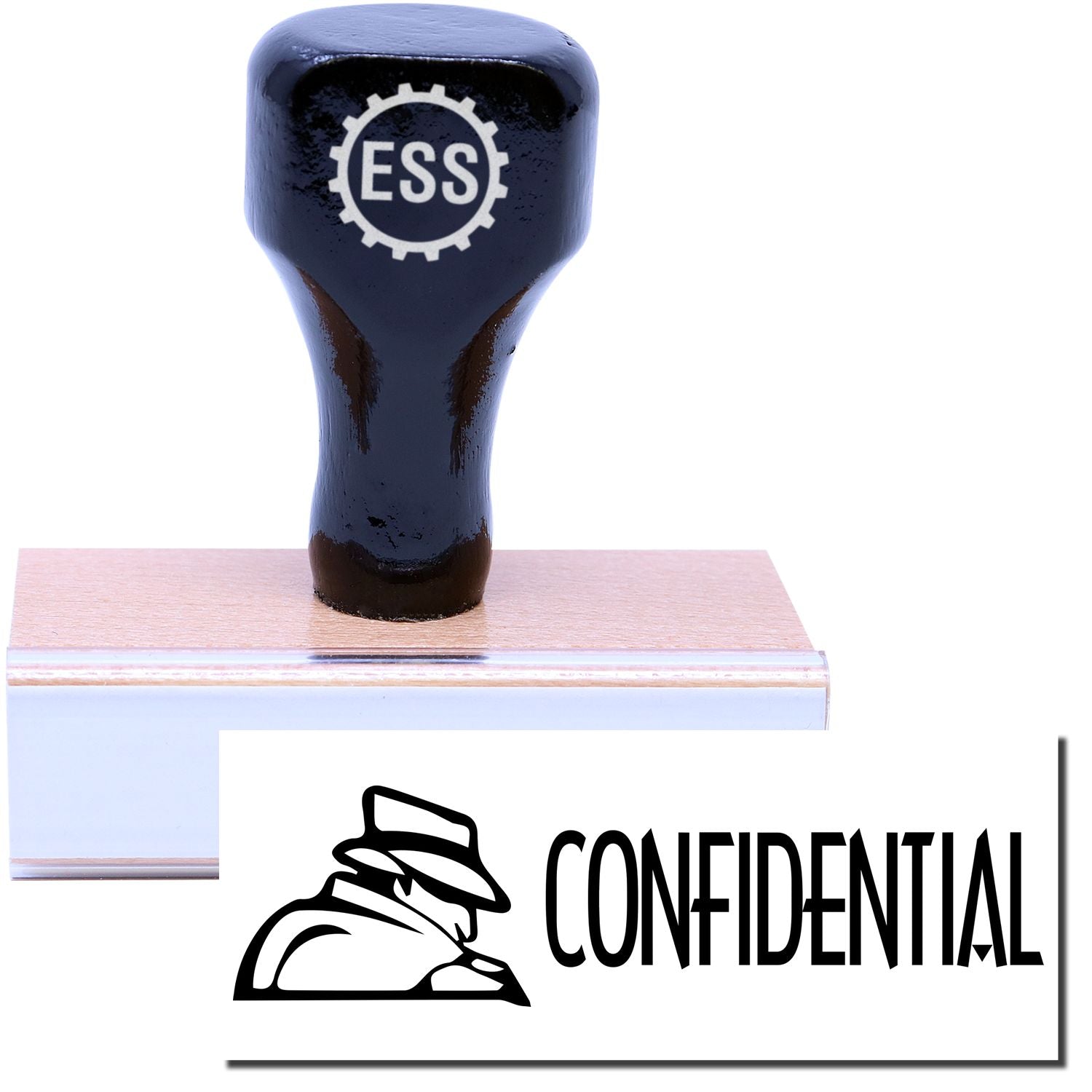 A stock office rubber stamp with a stamped image showing how the text CONFIDENTIAL in a large font with an eye-catching logo on the left is displayed after stamping.