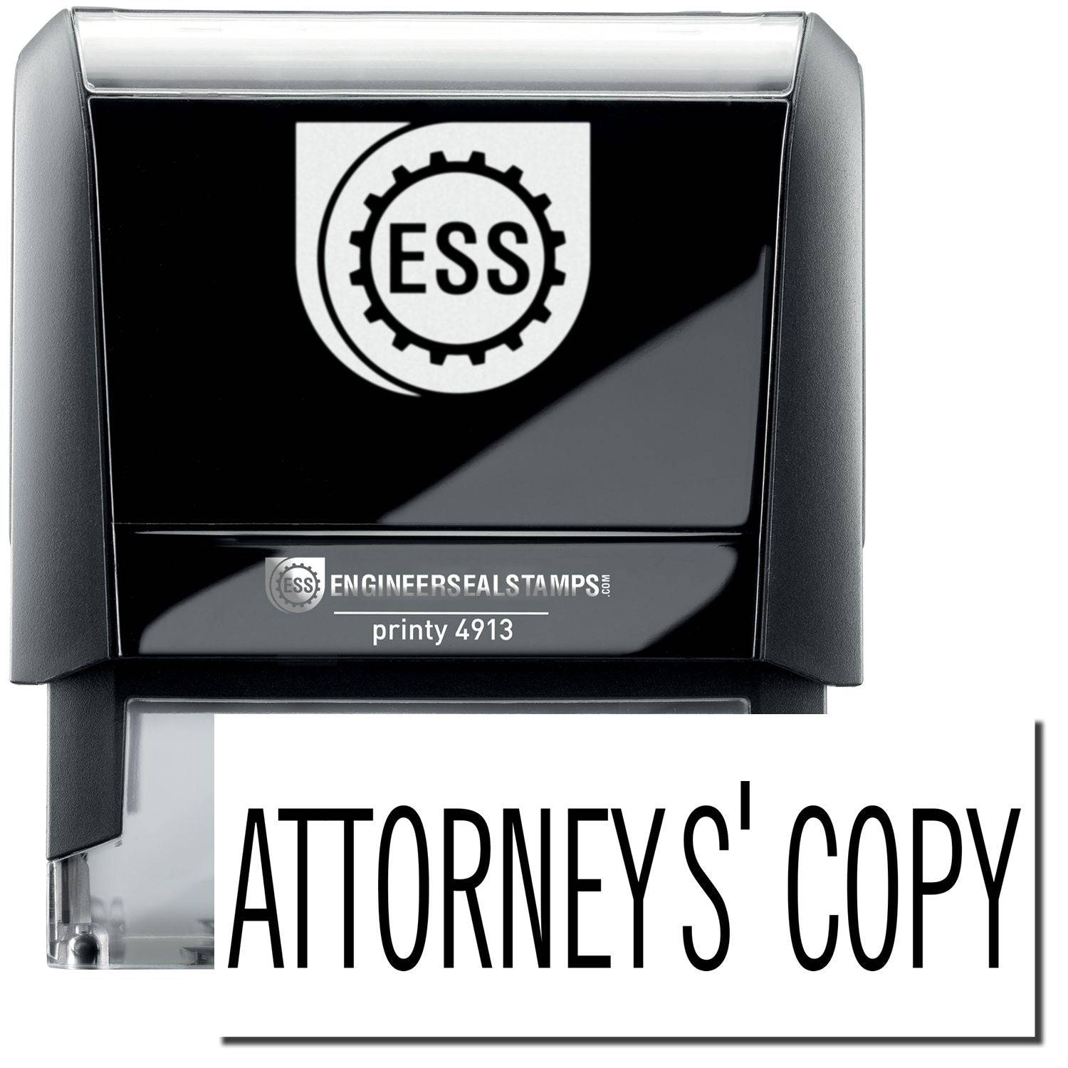 A self-inking stamp with a stamped image showing how the text ATTORNEYS' COPY in a large font is displayed by it after stamping.