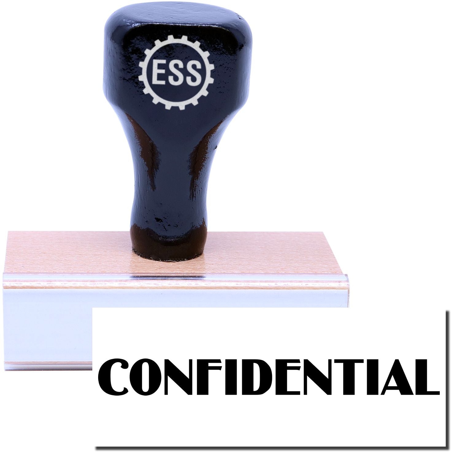 A stock office rubber stamp with a stamped image showing how the text CONFIDENTIAL in a large optima font is displayed after stamping.