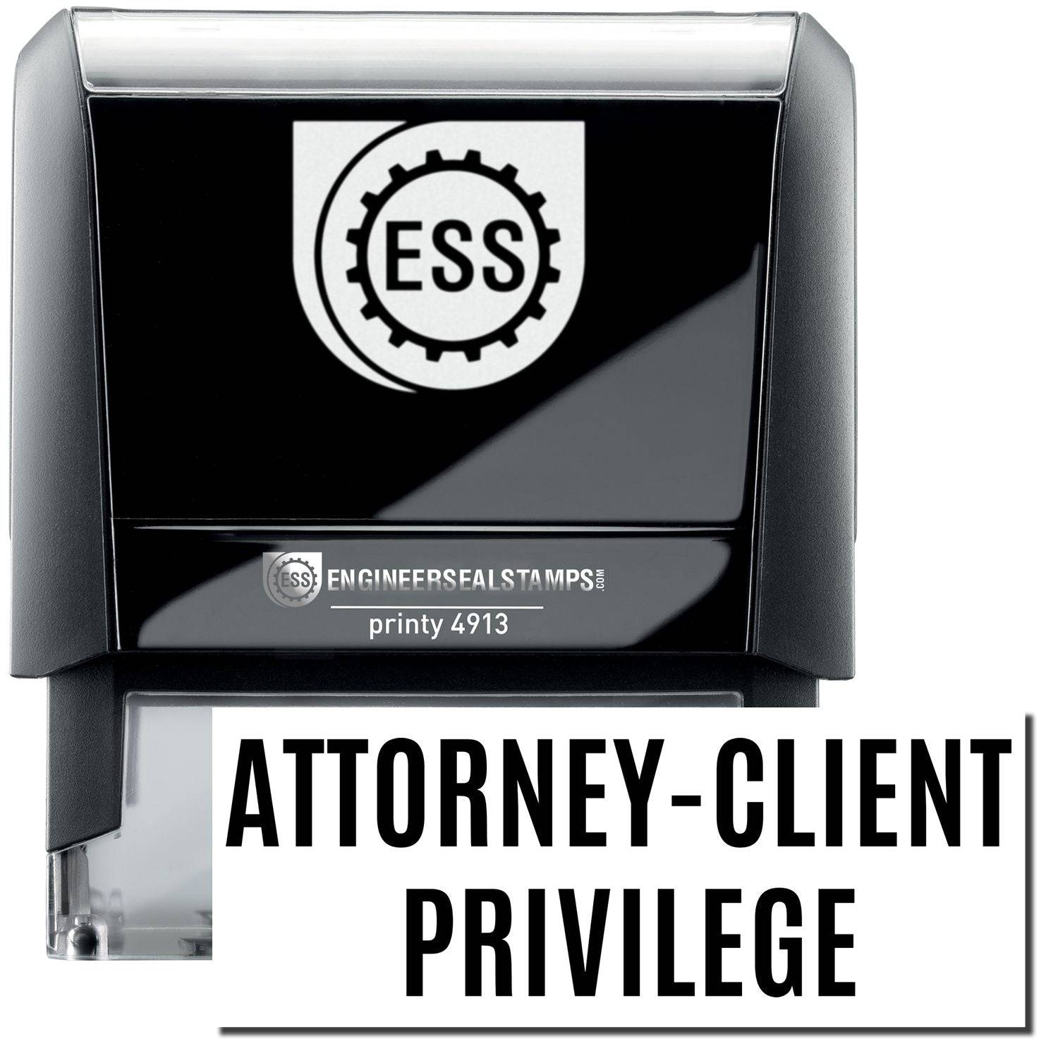 A self-inking stamp with a stamped image showing how the text ATTORNEY-CLIENT PRIVILEGE in a large font is displayed by it after stamping.