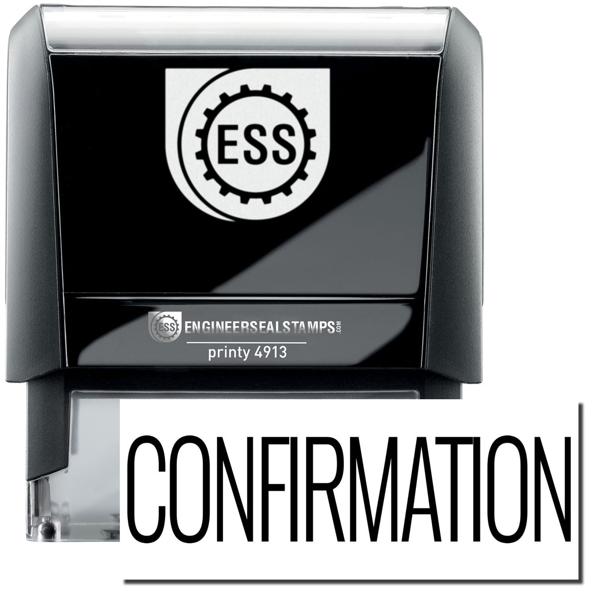 A self-inking stamp with a stamped image showing how the text &quot;CONFIRMATION&quot; in a large font is displayed by it after stamping.