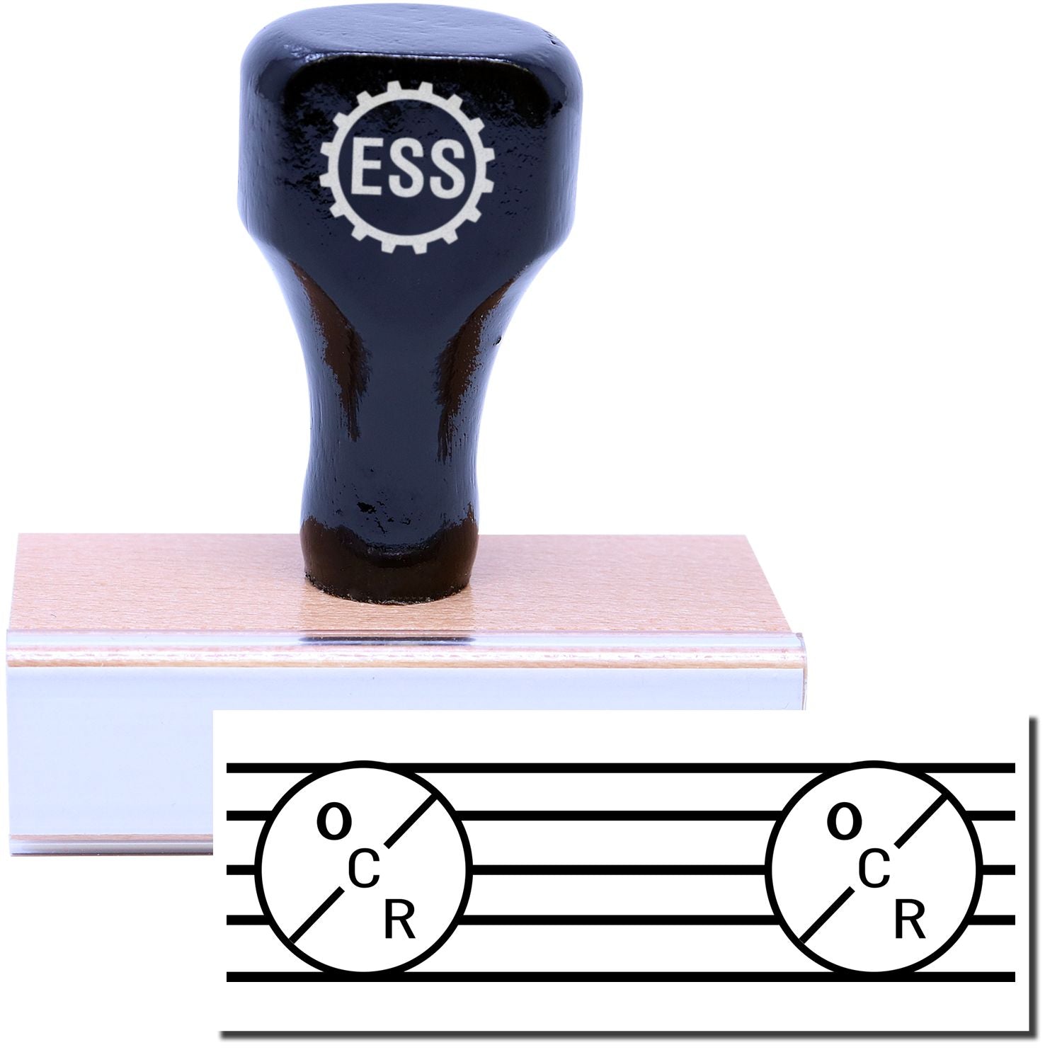 A stock office rubber stamp with a stamped image showing how the text OCR in a large font appears twice with extra design elements like lines and circles is displayed after stamping.