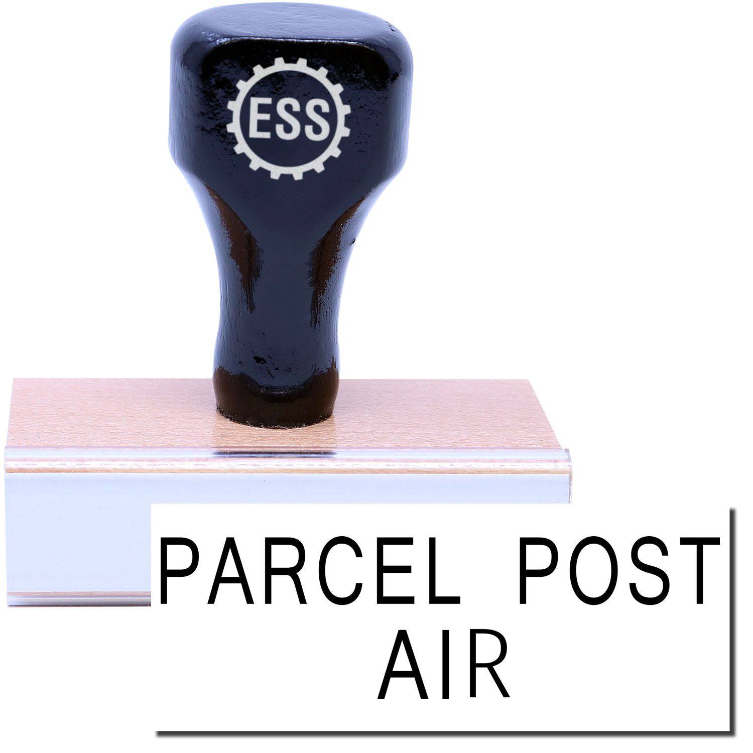 A stock office rubber stamp with a stamped image showing how the text PARCEL POST AIR in a large font is displayed after stamping.