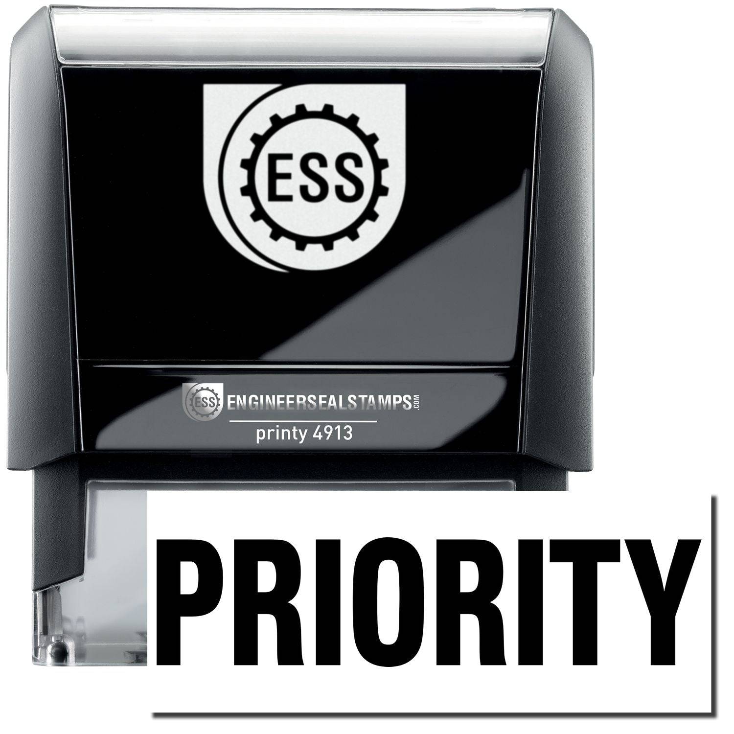 A self-inking stamp with a stamped image showing how the text PRIORITY in a large bold font is displayed by it after stamping.
