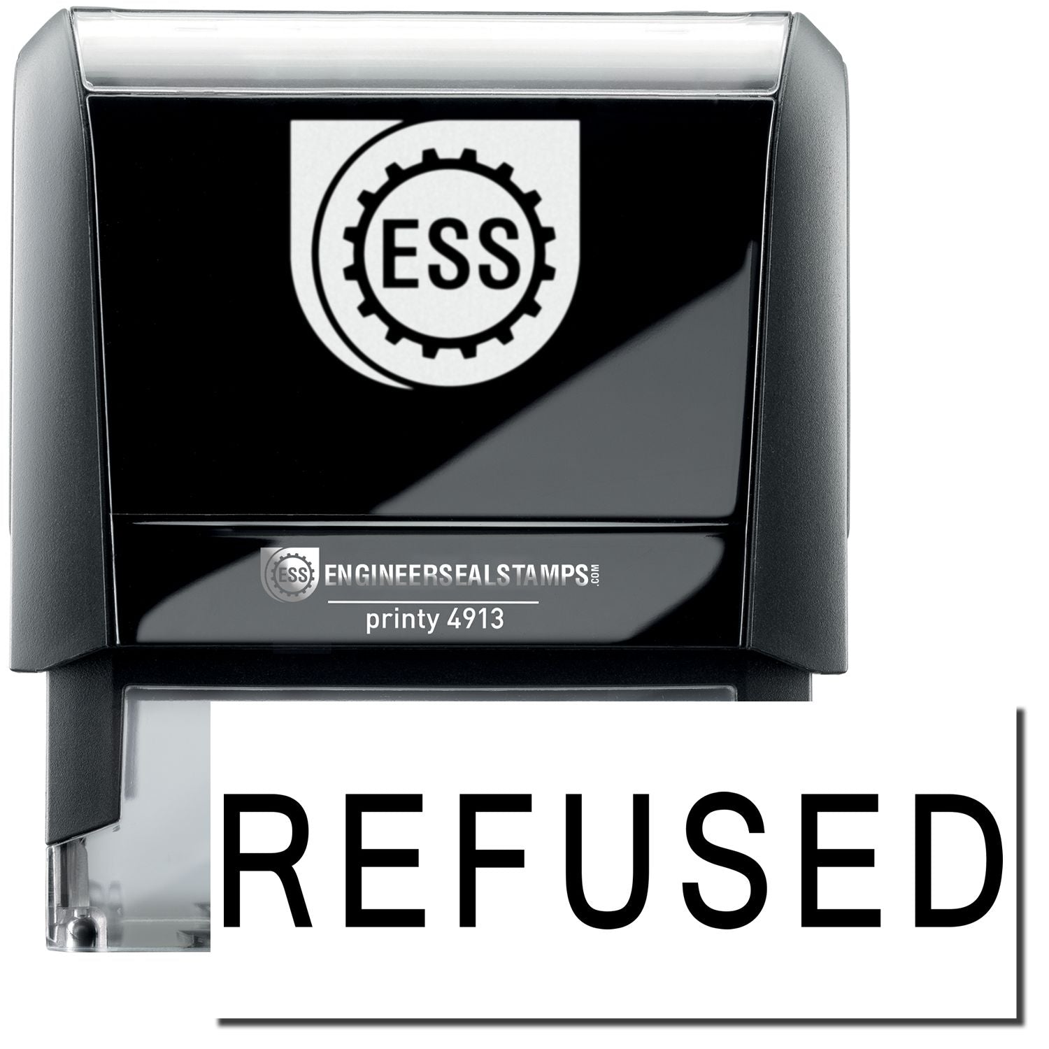 A self-inking stamp with a stamped image showing how the text REFUSED in a large font is displayed by it after stamping.