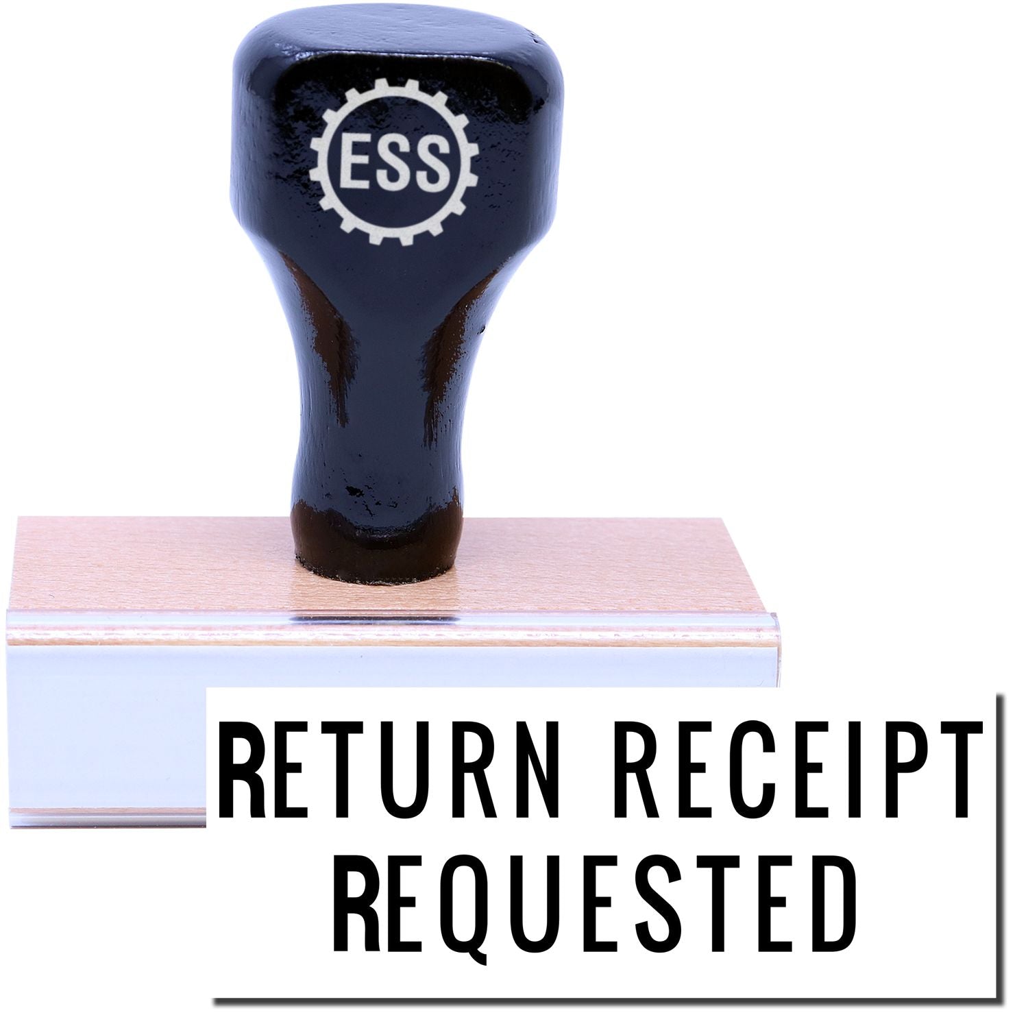 A stock office rubber stamp with a stamped image showing how the text RETURN RECEIPT REQUESTED in a large narrow font is displayed after stamping.