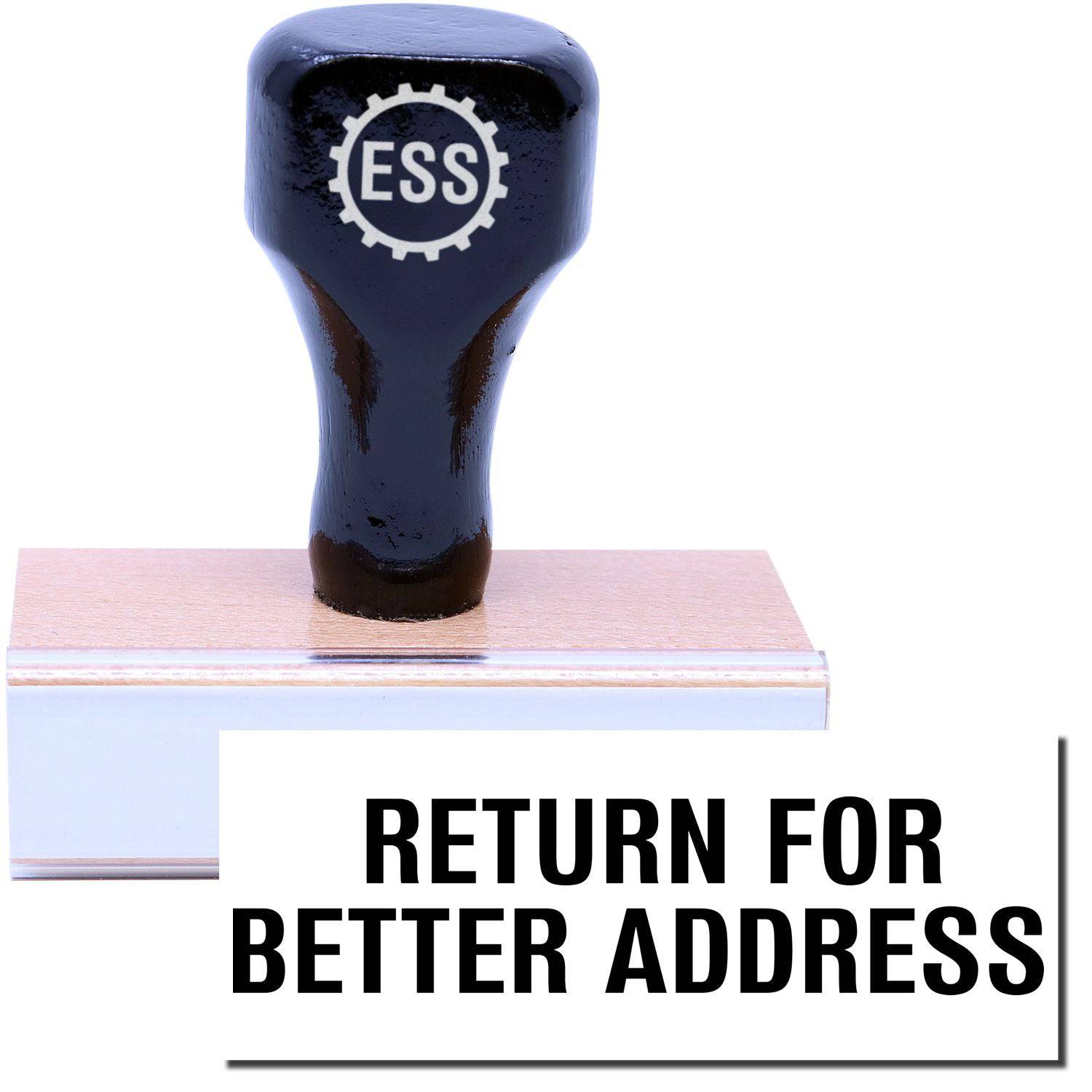 A stock office rubber stamp with a stamped image showing how the text RETURN FOR BETTER ADDRESS in a large font is displayed after stamping.