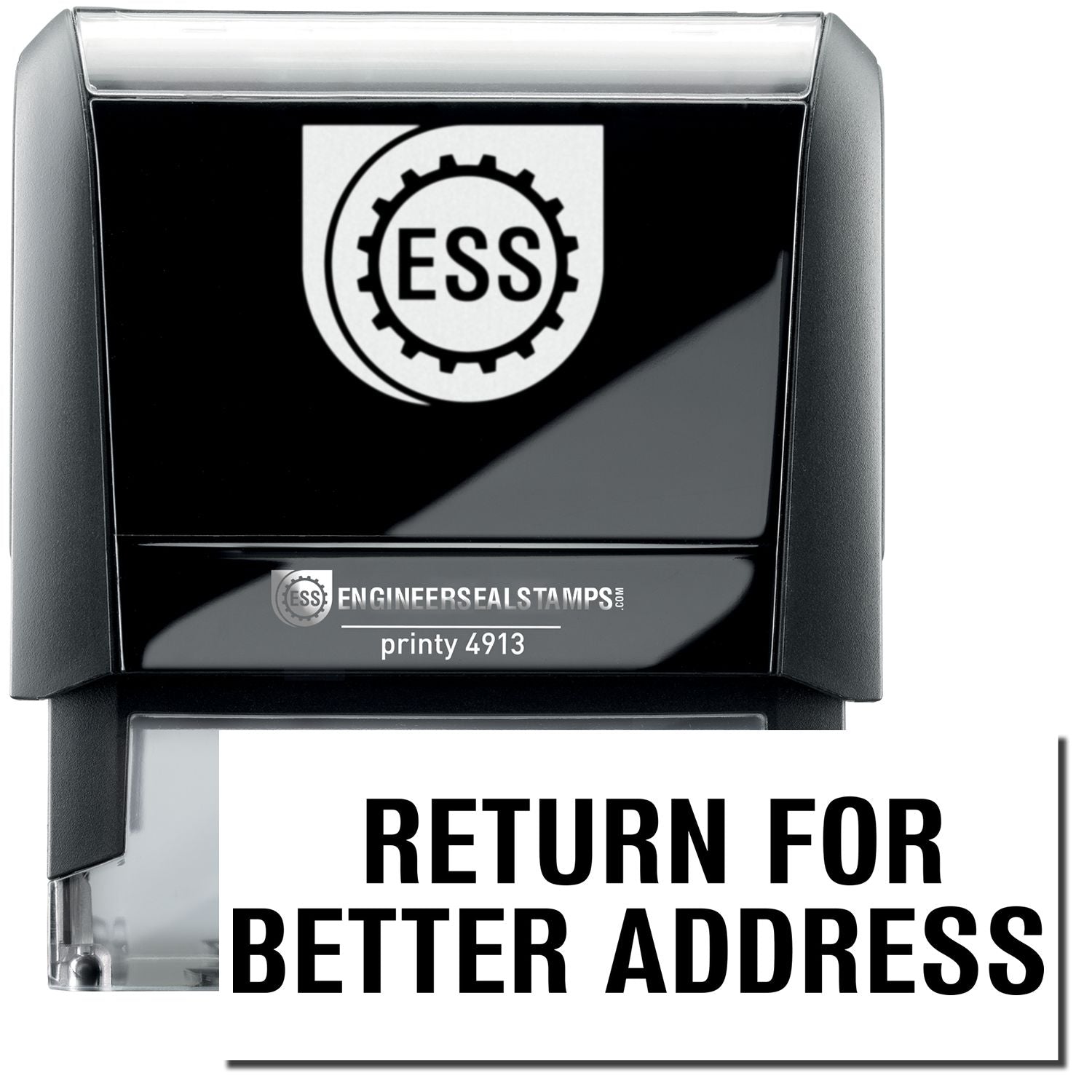 A self-inking stamp with a stamped image showing how the text RETURN FOR BETTER ADDRESS in a large font is displayed by it after stamping.