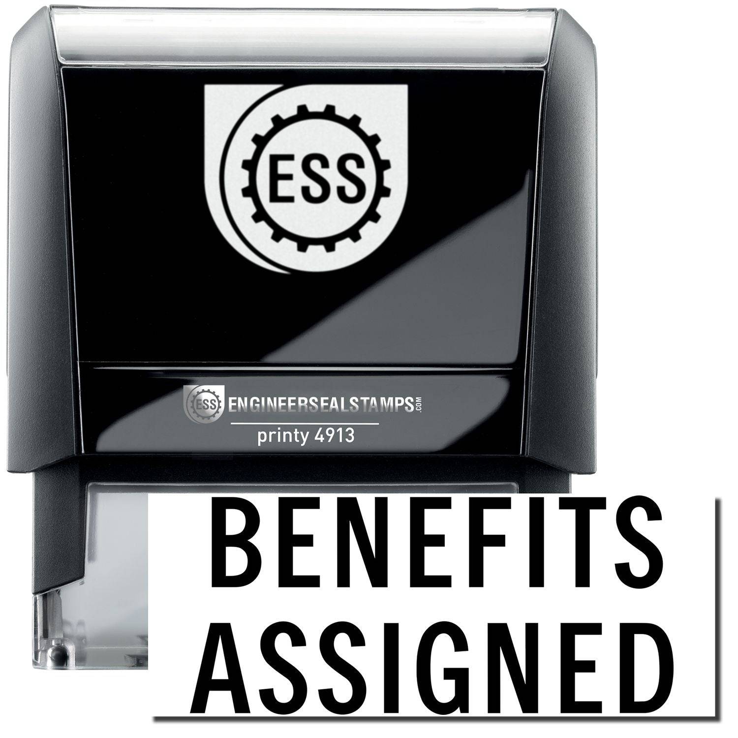 A self-inking stamp with a stamped image showing how the text BENEFITS ASSIGNED in a large font is displayed by it after stamping.