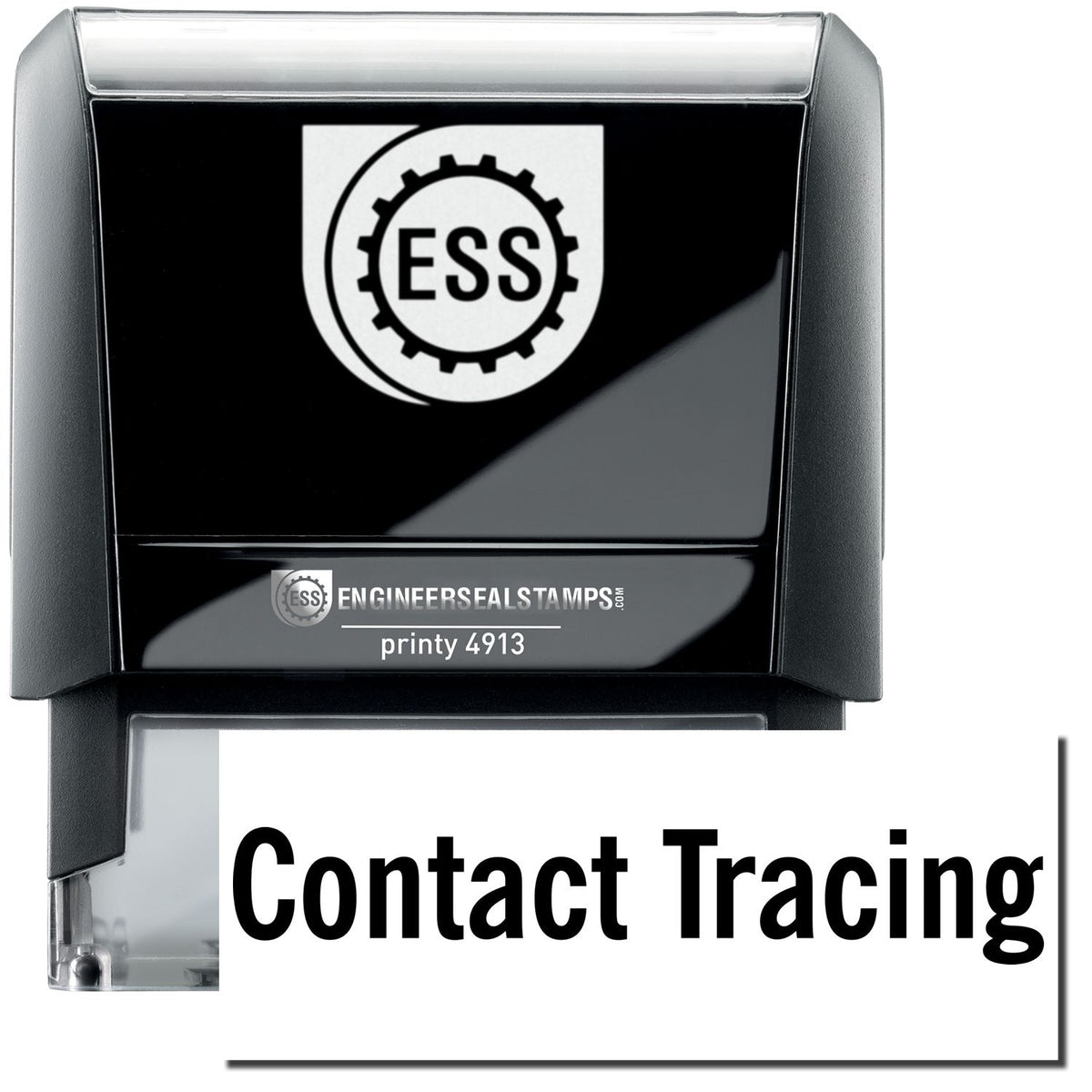 A self-inking stamp with a stamped image showing how the text &quot;Contact Tracing&quot; in a large font is displayed by it after stamping.