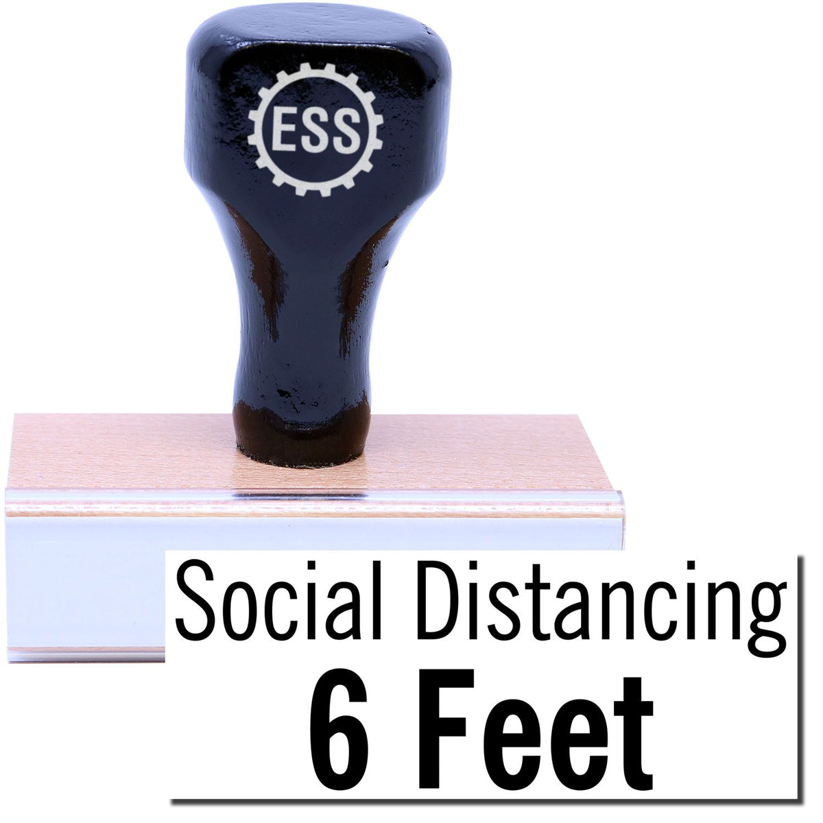 A stock office rubber stamp with a stamped image showing how the text &quot;Social Distancing 6 Feet&quot; in a large font is displayed after stamping.