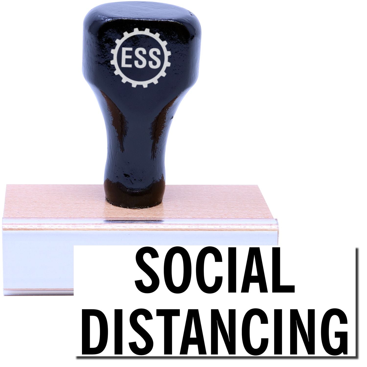 A stock office rubber stamp with a stamped image showing how the text SOCIAL DISTANCING in a large font is displayed after stamping.