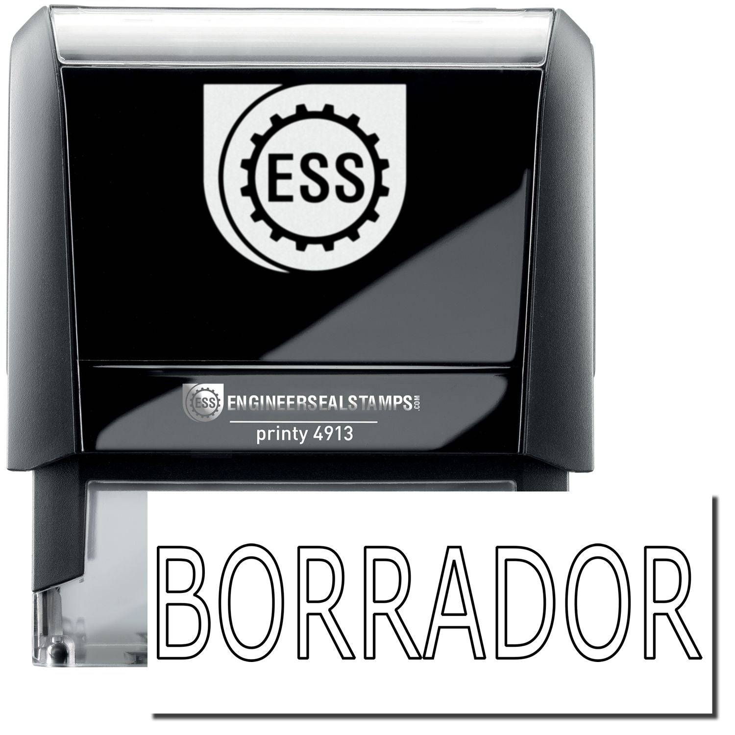 A self-inking stamp with a stamped image showing how the text BORRADOR in a large outline style is displayed by it after stamping.