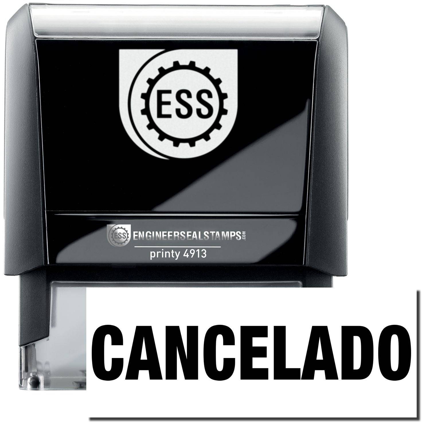 A self-inking stamp with a stamped image showing how the text CANCELADO in a large font is displayed by it after stamping.