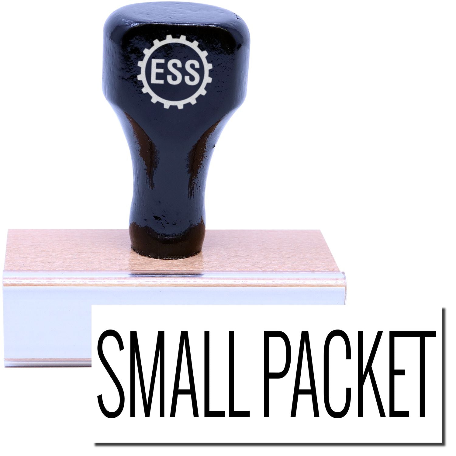 A stock office rubber stamp with a stamped image showing how the text "SMALL PACKET" in a large font is displayed after stamping.