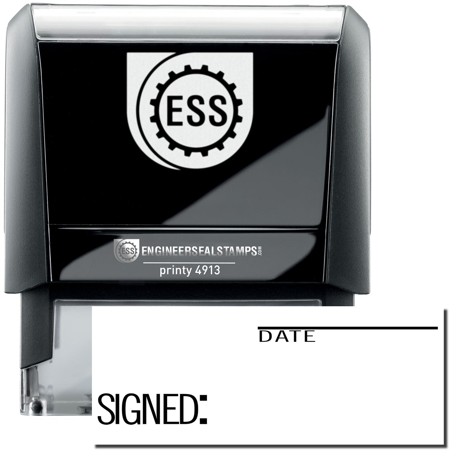 A self-inking stamp with a stamped image showing how the text "SIGNED: DATE" in a large font is displayed by it after stamping (where the word "DATE" is at the top right (with a sleeping line over it) and the word "SIGNED" (with a colon(:)) at the bottom left are shown).