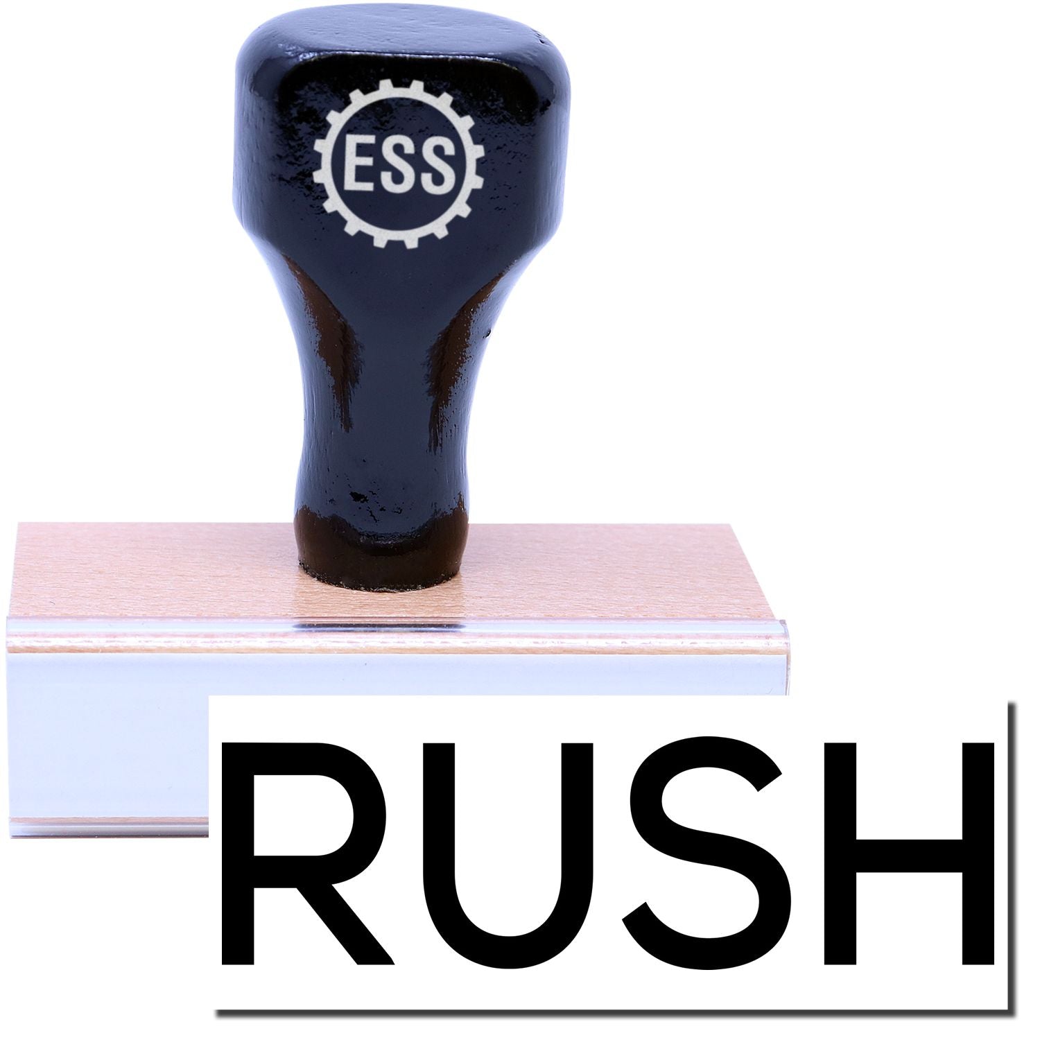 A stock office rubber stamp with a stamped image showing how the text "RUSH" in a large skinny font is displayed after stamping.