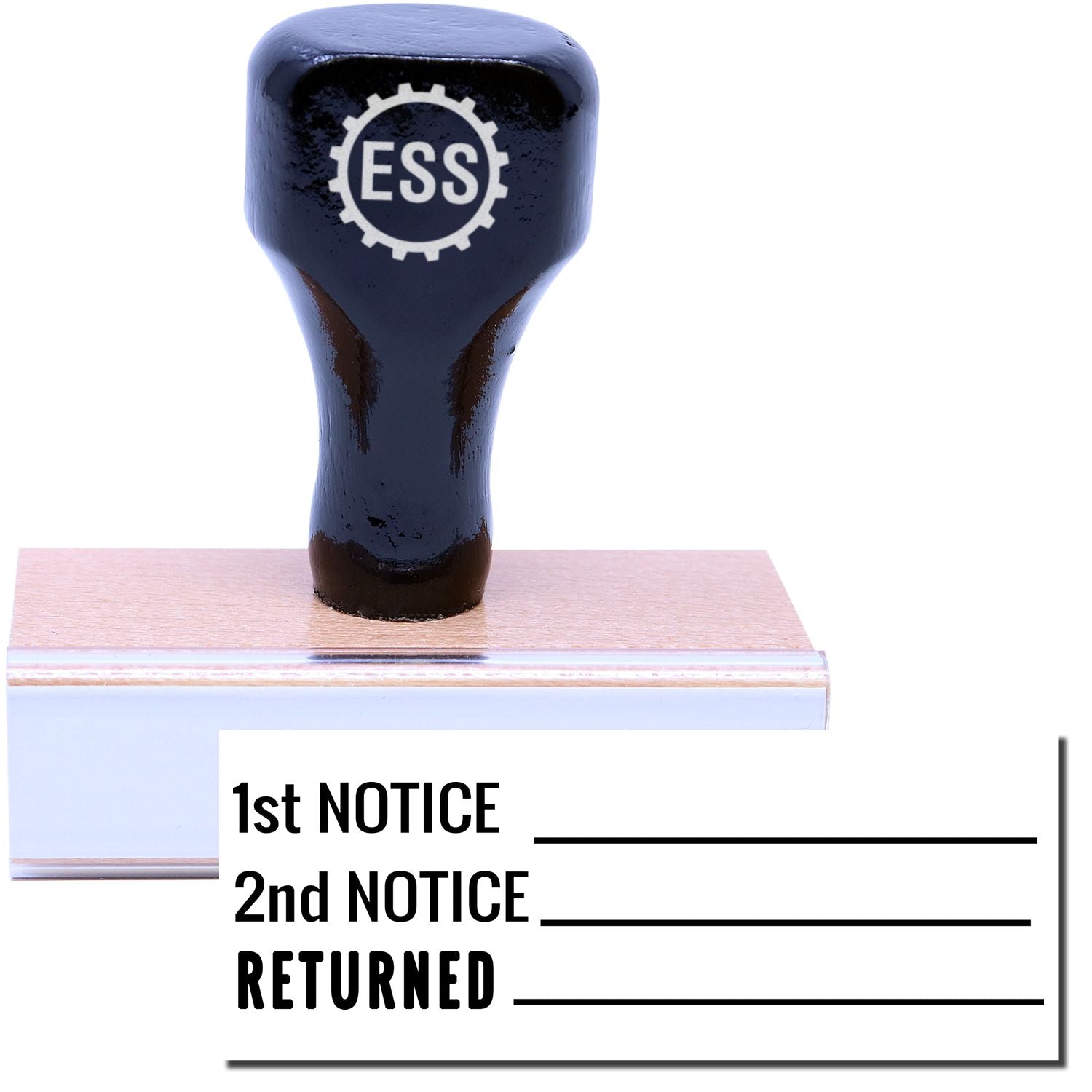A stock office rubber stamp with a stamped image showing how the texts 1st NOTICE , 2nd NOTICE , and RETURNED in a large font with a line after each text is displayed after stamping.