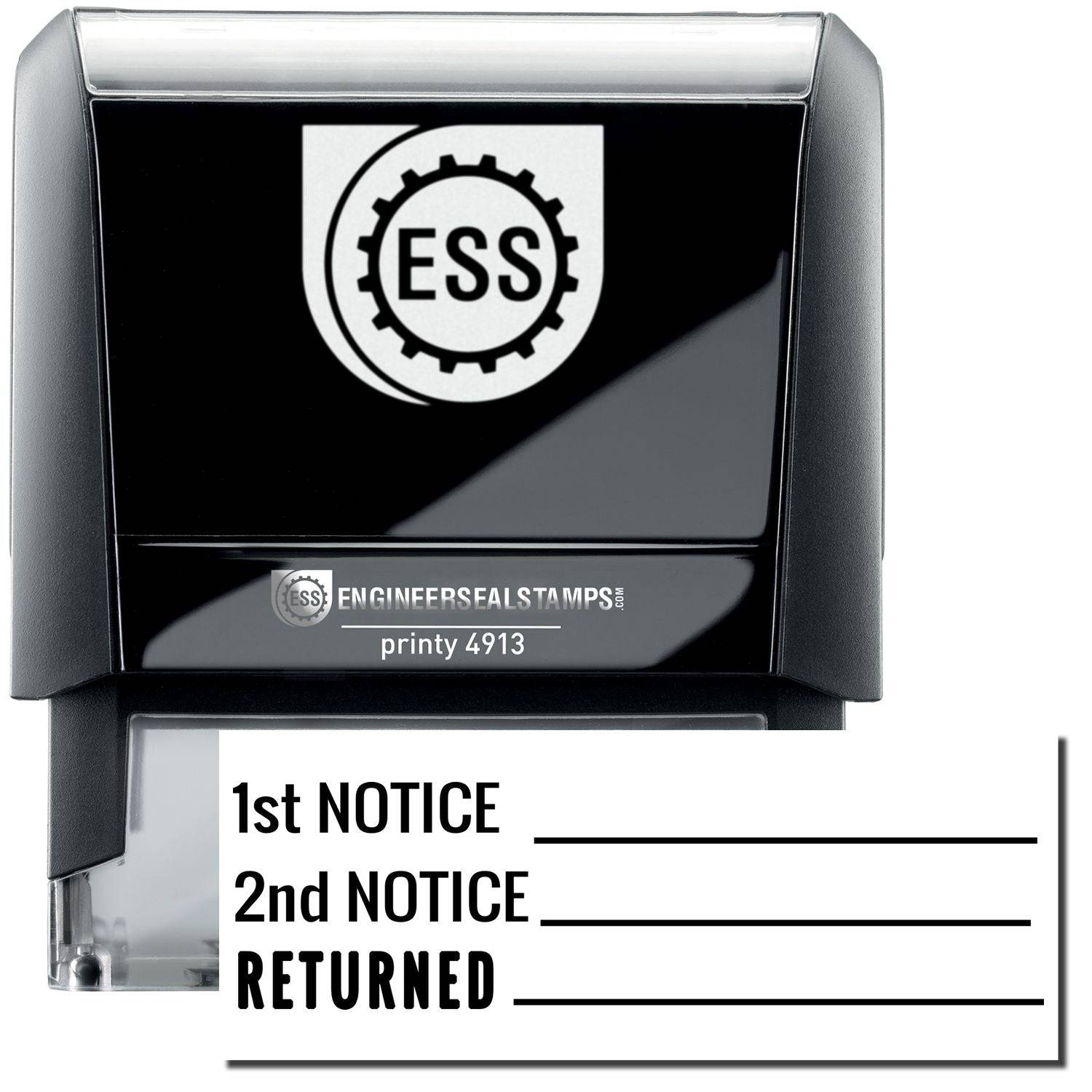 A self-inking stamp with a stamped image showing how the text 1st NOTICE , 2nd NOTICE , and RETURNED in a large font with three lines in front of each one of them are displayed after stamping.