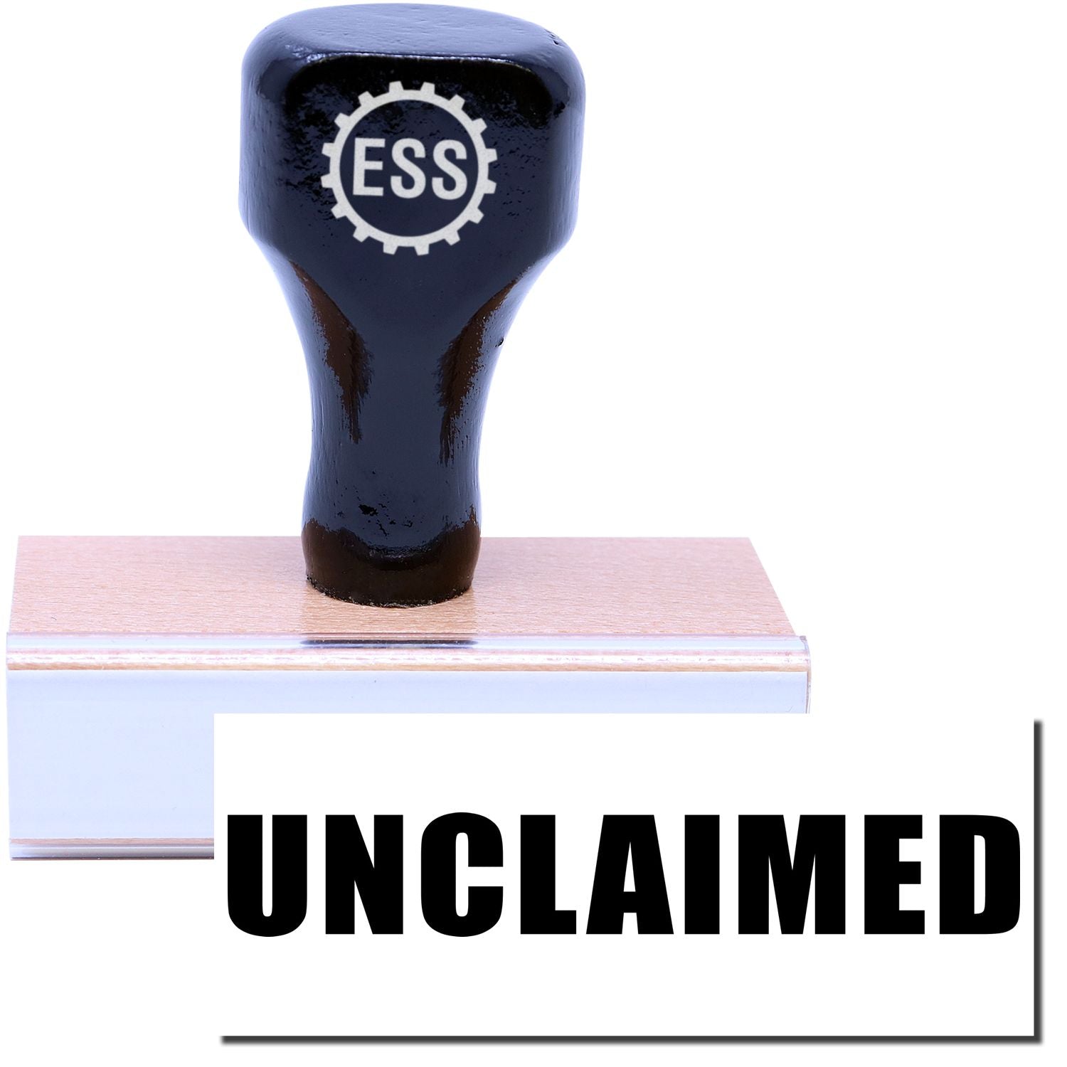 A stock office rubber stamp with a stamped image showing how the text "UNCLAIMED" in a large font is displayed after stamping.