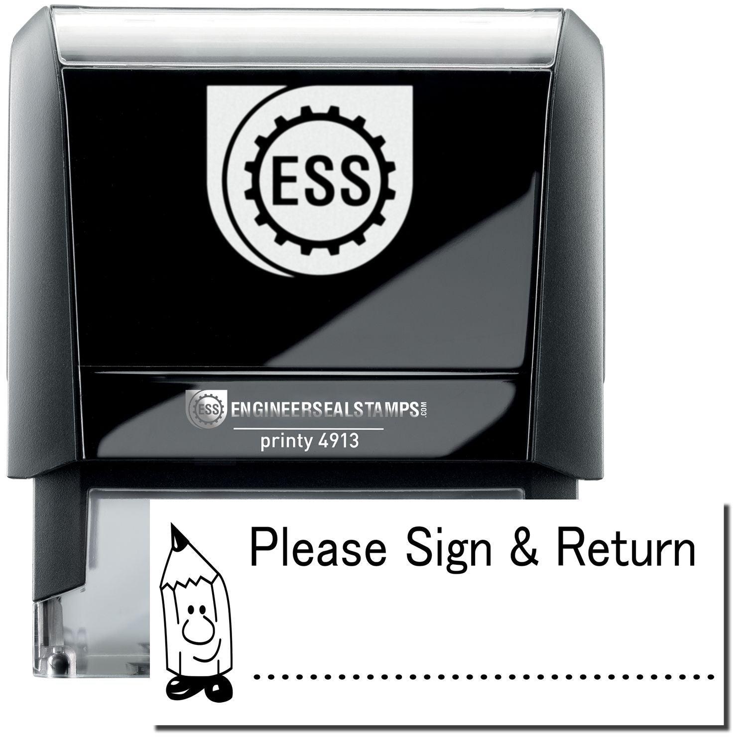 A self-inking stamp with a stamped image showing how the text Please Sign & Return in a large narrow font with a dotted line under the text and an image of a sharpened pencil on the left side is displayed by it after stamping.