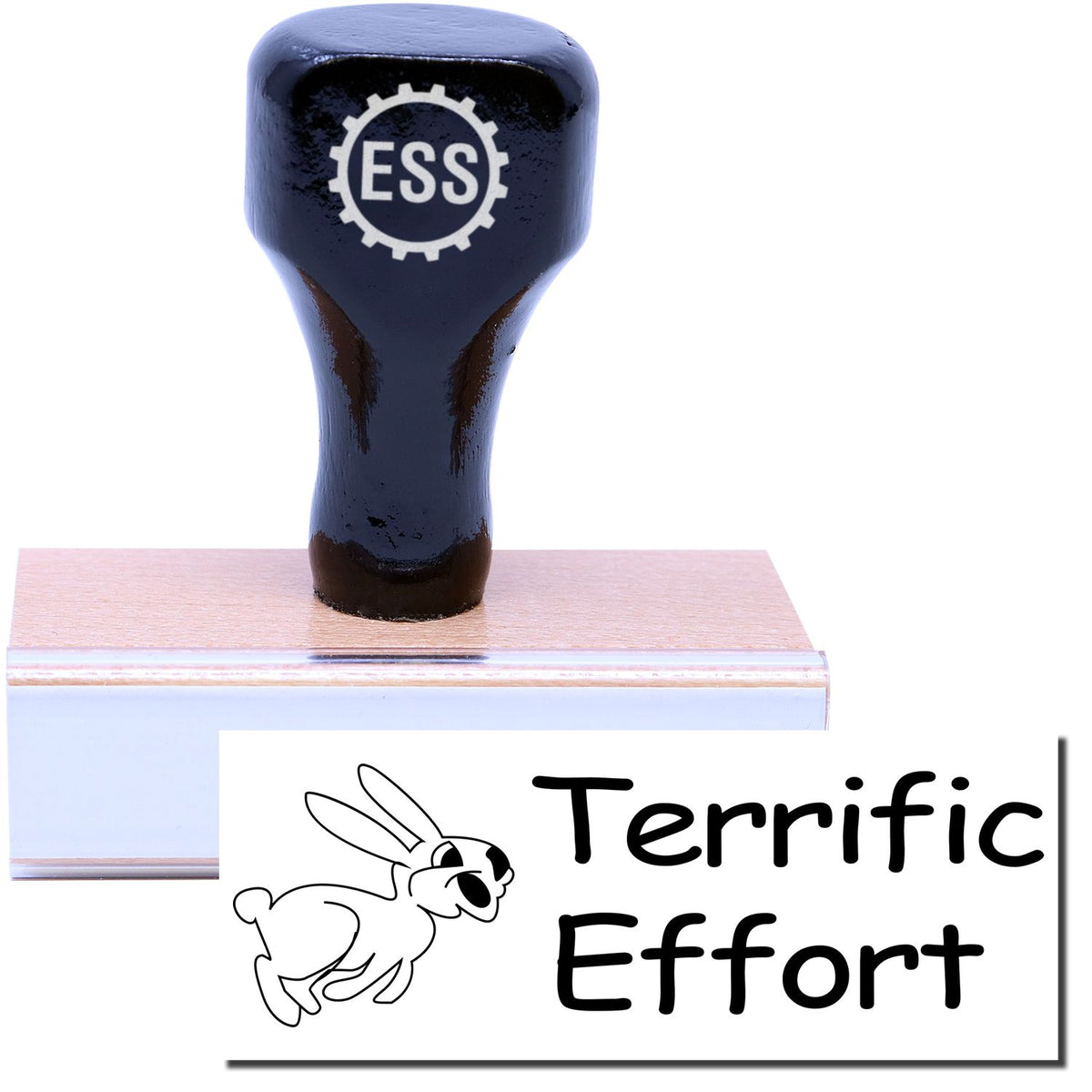 A stock office rubber stamp with a stamped image showing how the text &quot;Terrific Effort&quot; in a large font with an image of a hopping rabbit on the left side is displayed after stamping.
