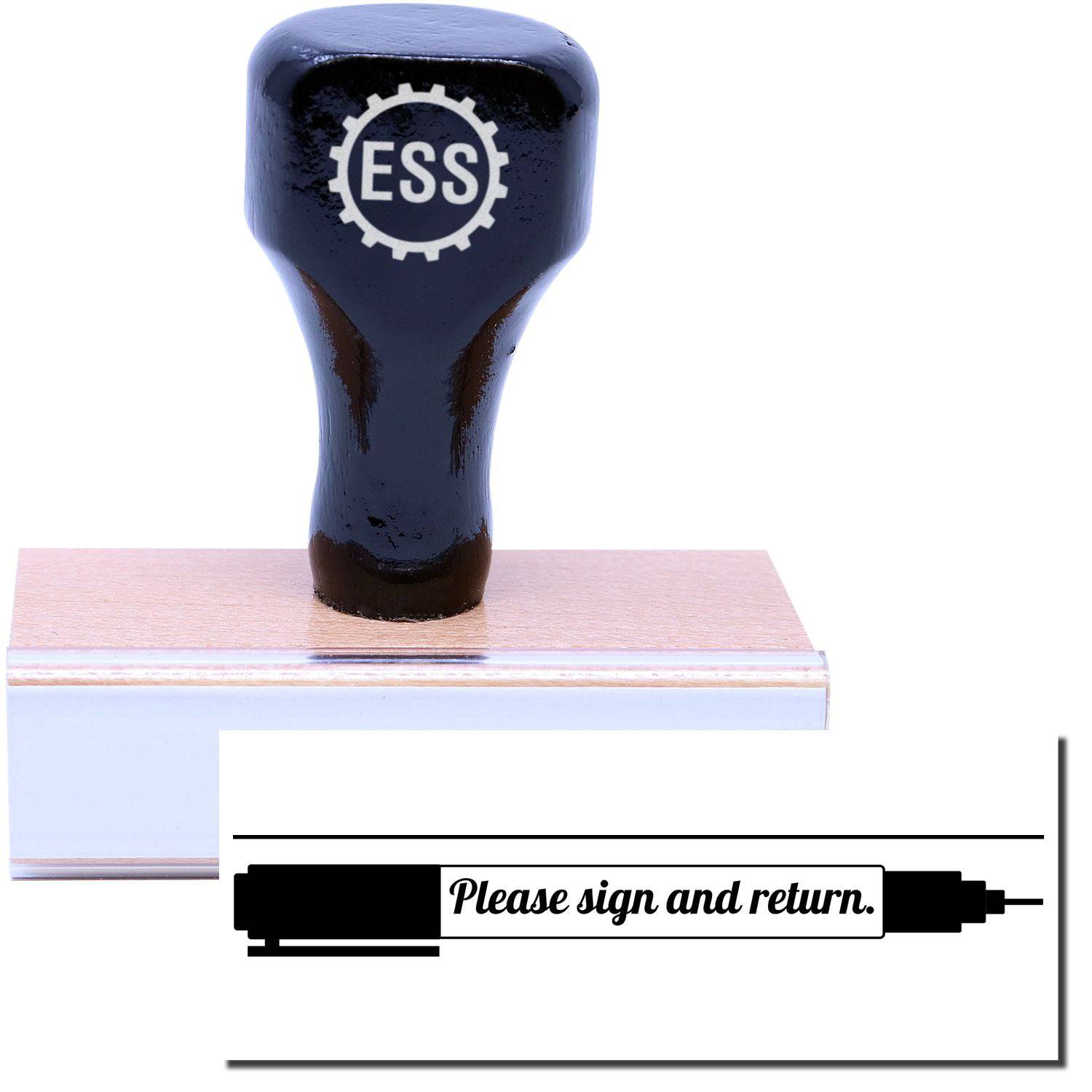 A stock office rubber stamp with a stamped image showing how the text Please sign and return. in a large cursive font with an image of a pen is displayed after stamping.
