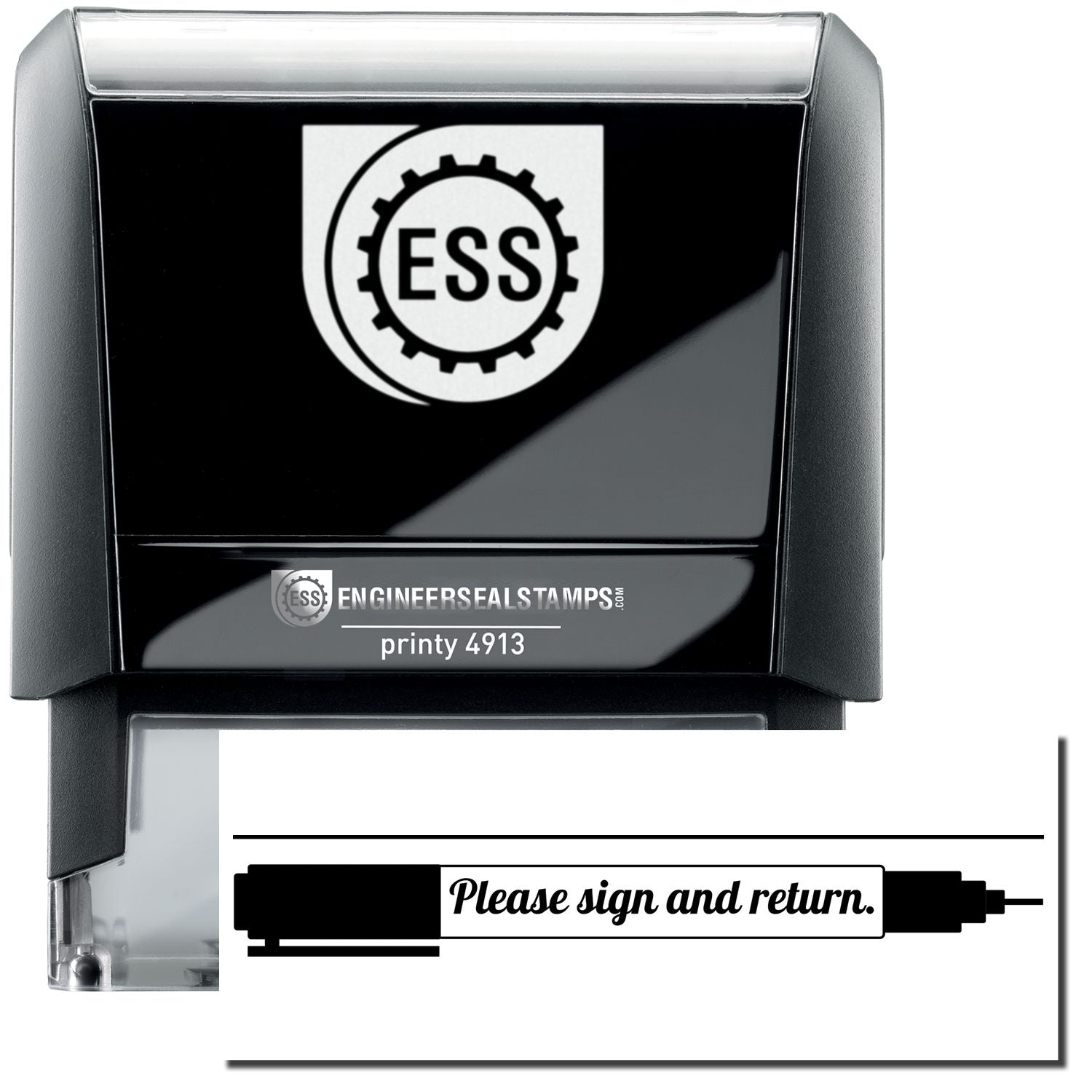 A self-inking stamp with a stamped image showing how the text Please sign and return. in a large font inside the image of a pen is displayed by it after stamping.