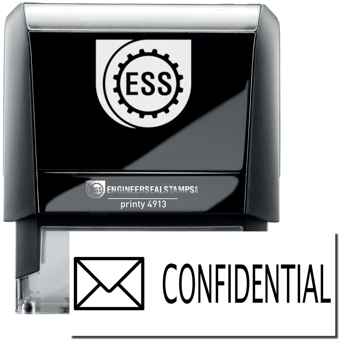 A self-inking stamp with a stamped image showing how the text &quot;CONFIDENTIAL&quot; in a large font with an image of an envelope on the left side is displayed after stamping.