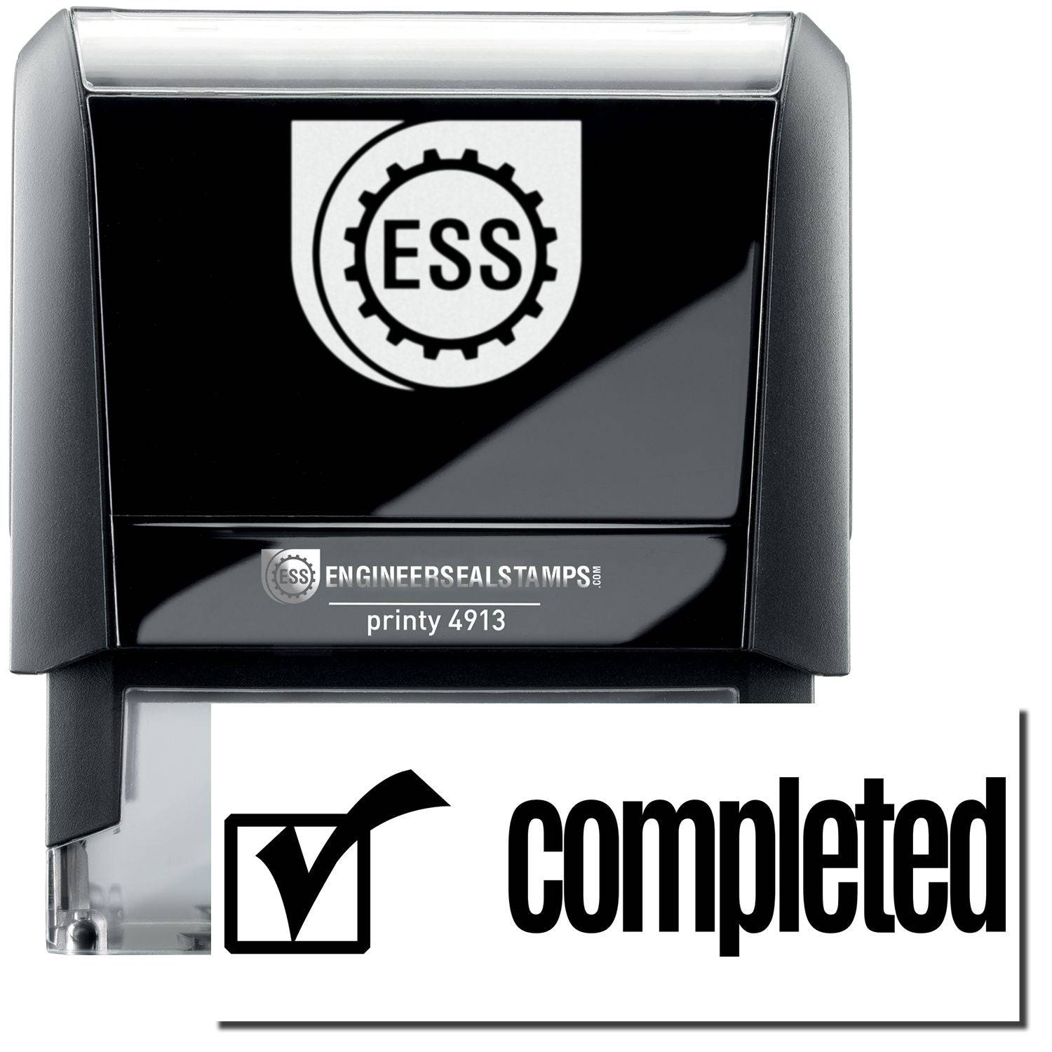 A self-inking stamp with a stamped image showing how the text completed in a large font with an image of a checkbox on the left side is displayed after stamping.