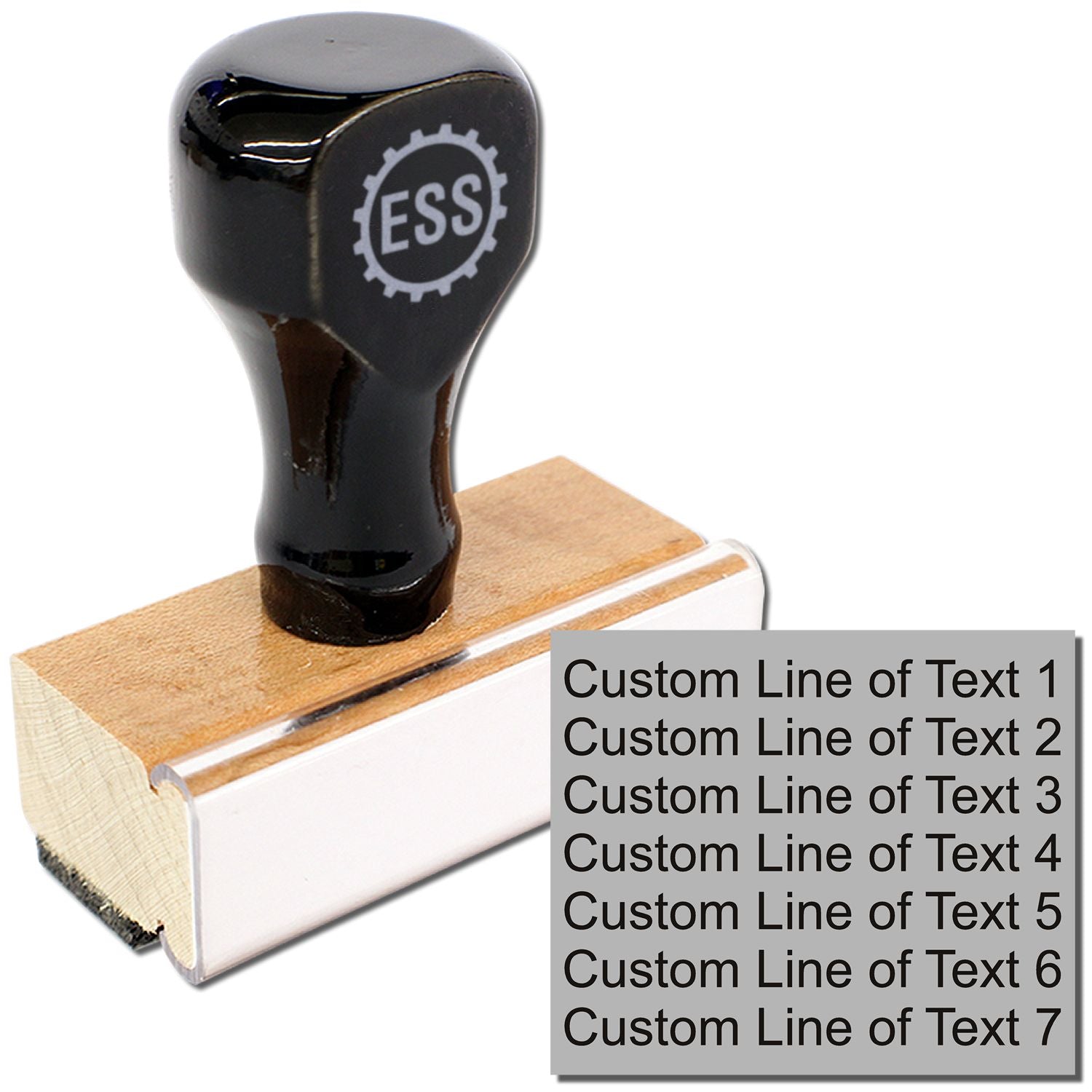 7 Line Custom Rubber Stamp with Wood Handle, black top with ESS logo, wooden base, and customizable text lines shown on the right.